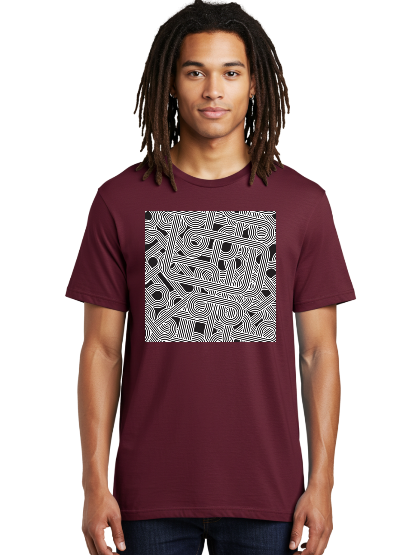 Interconnected-Loops Men'S Graphic Tee, 100% Cotton, Comfortable Casual Summer Wear, Machine Washable, Abstract Pattern, Interconnected Lines, Geometric Shapes, Black And White Design, Modern Art, Optical Illusion, Intricate Details, Aac398