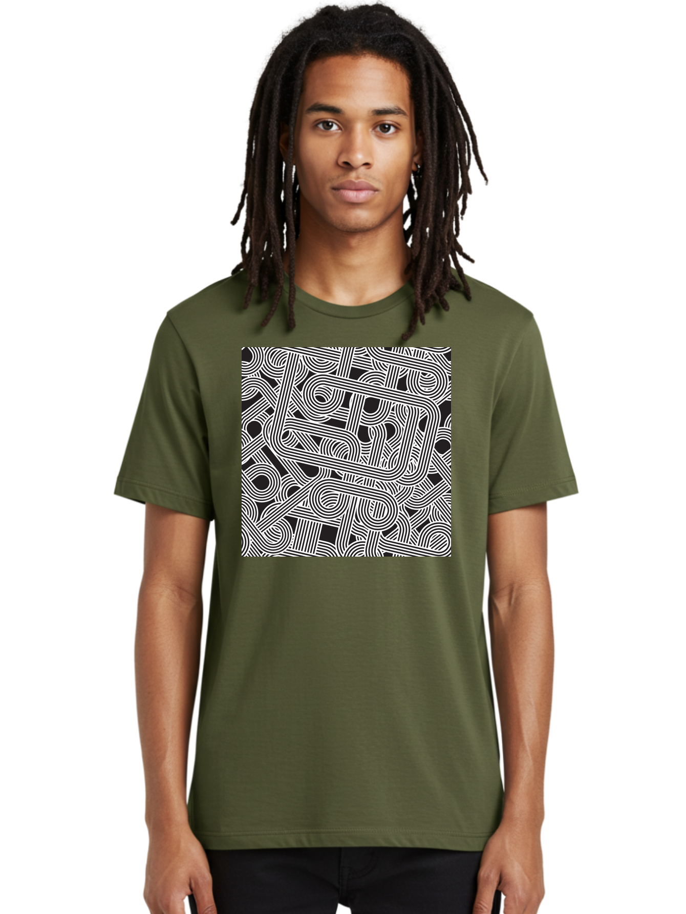 Interconnected-Loops Men'S Graphic Tee, 100% Cotton, Comfortable Casual Summer Wear, Machine Washable, Abstract Pattern, Interconnected Lines, Geometric Shapes, Black And White Design, Modern Art, Optical Illusion, Intricate Details, Aac398
