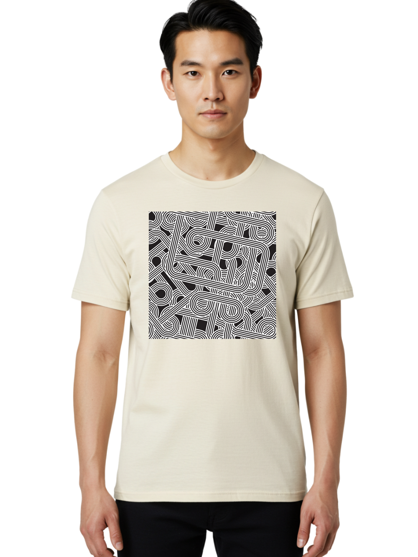 Interconnected-Loops Men'S Graphic Tee, 100% Cotton, Comfortable Casual Summer Wear, Machine Washable, Abstract Pattern, Interconnected Lines, Geometric Shapes, Black And White Design, Modern Art, Optical Illusion, Intricate Details, Aac398