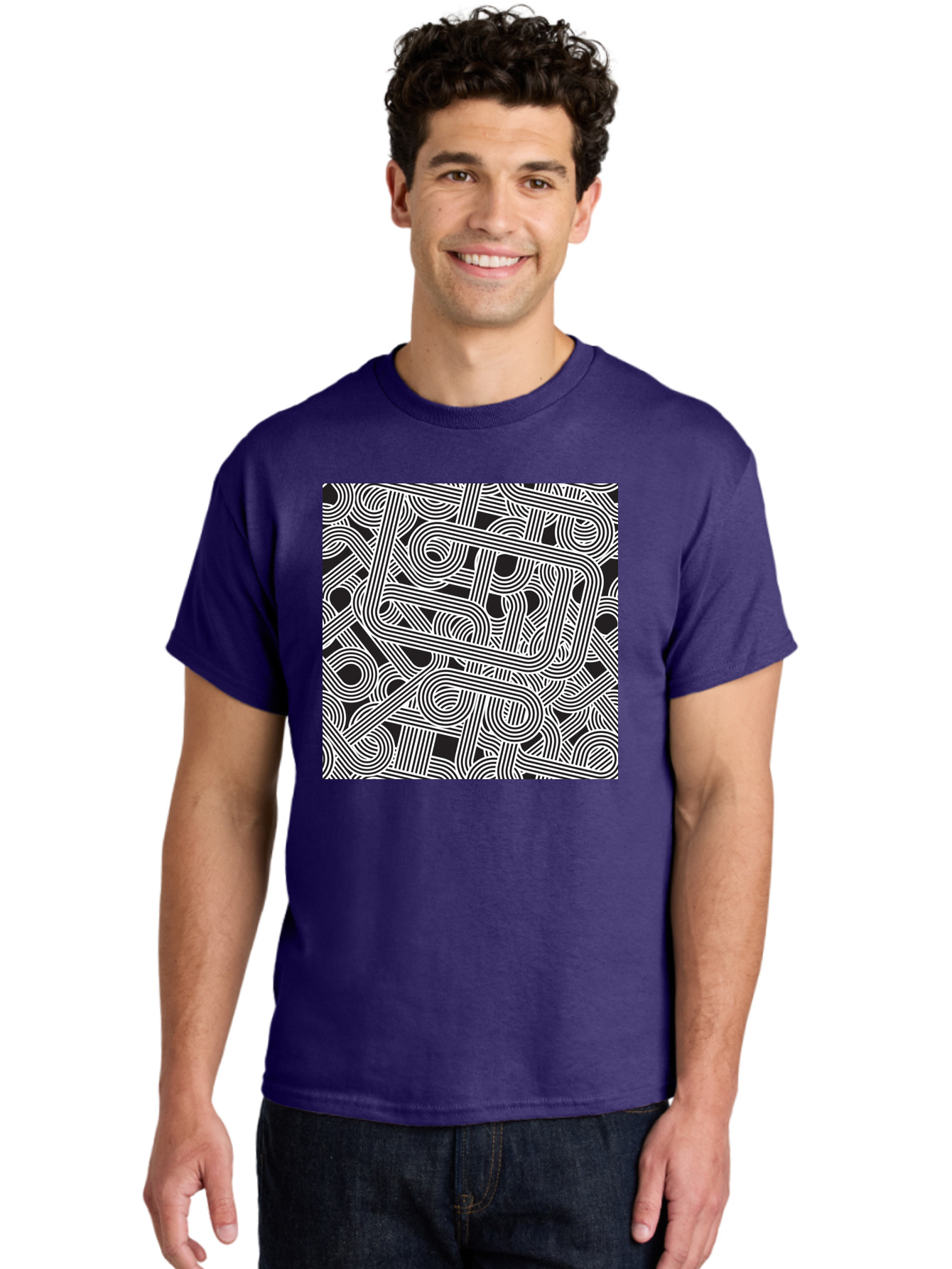 Interconnected-Loops Men'S Graphic Tee, 100% Cotton, Comfortable Casual Summer Wear, Machine Washable, Abstract Pattern, Interconnected Lines, Geometric Shapes, Black And White Design, Modern Art, Optical Illusion, Intricate Details, Aac398