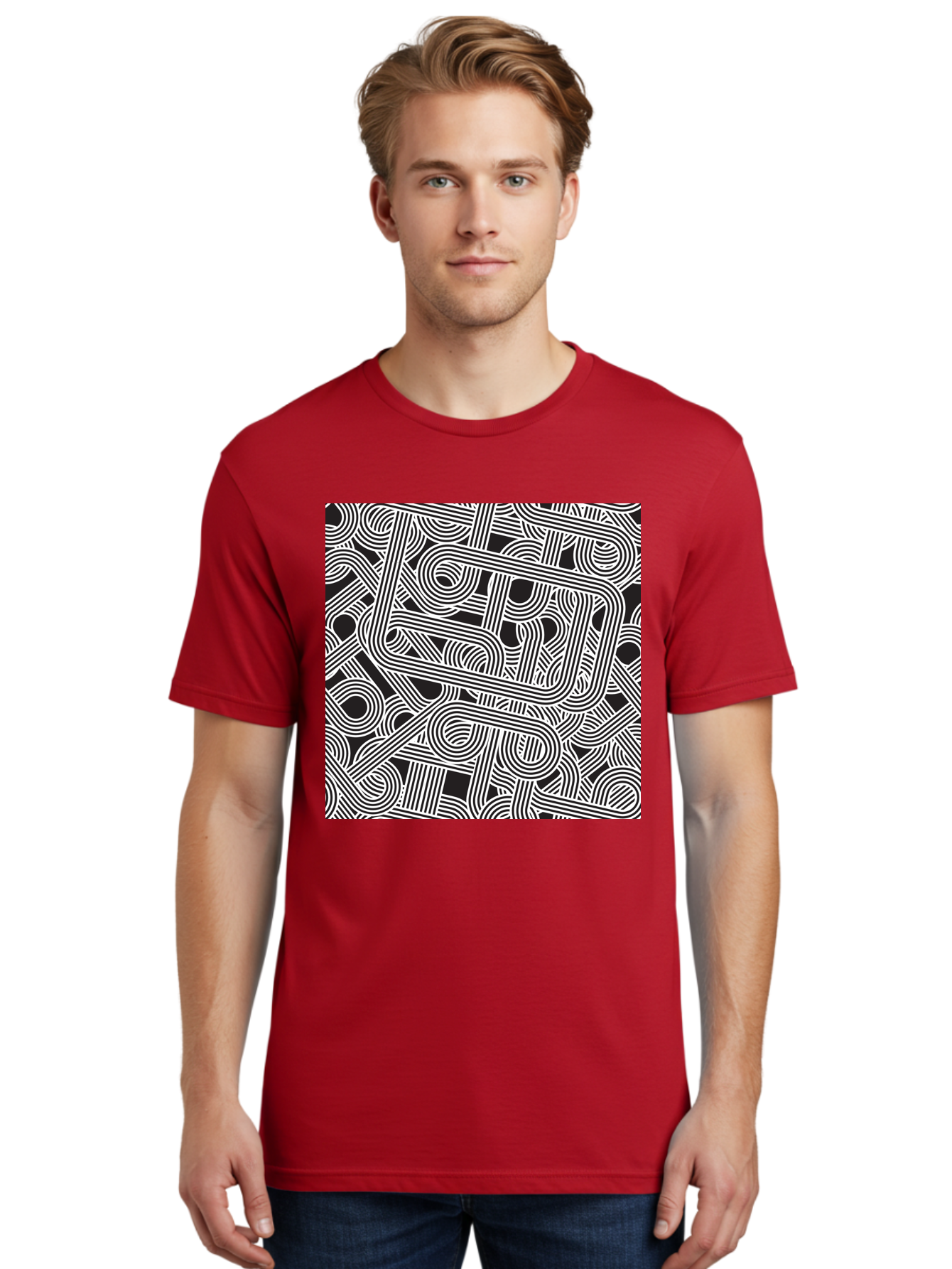 Interconnected-Loops Men'S Graphic Tee, 100% Cotton, Comfortable Casual Summer Wear, Machine Washable, Abstract Pattern, Interconnected Lines, Geometric Shapes, Black And White Design, Modern Art, Optical Illusion, Intricate Details, Aac398