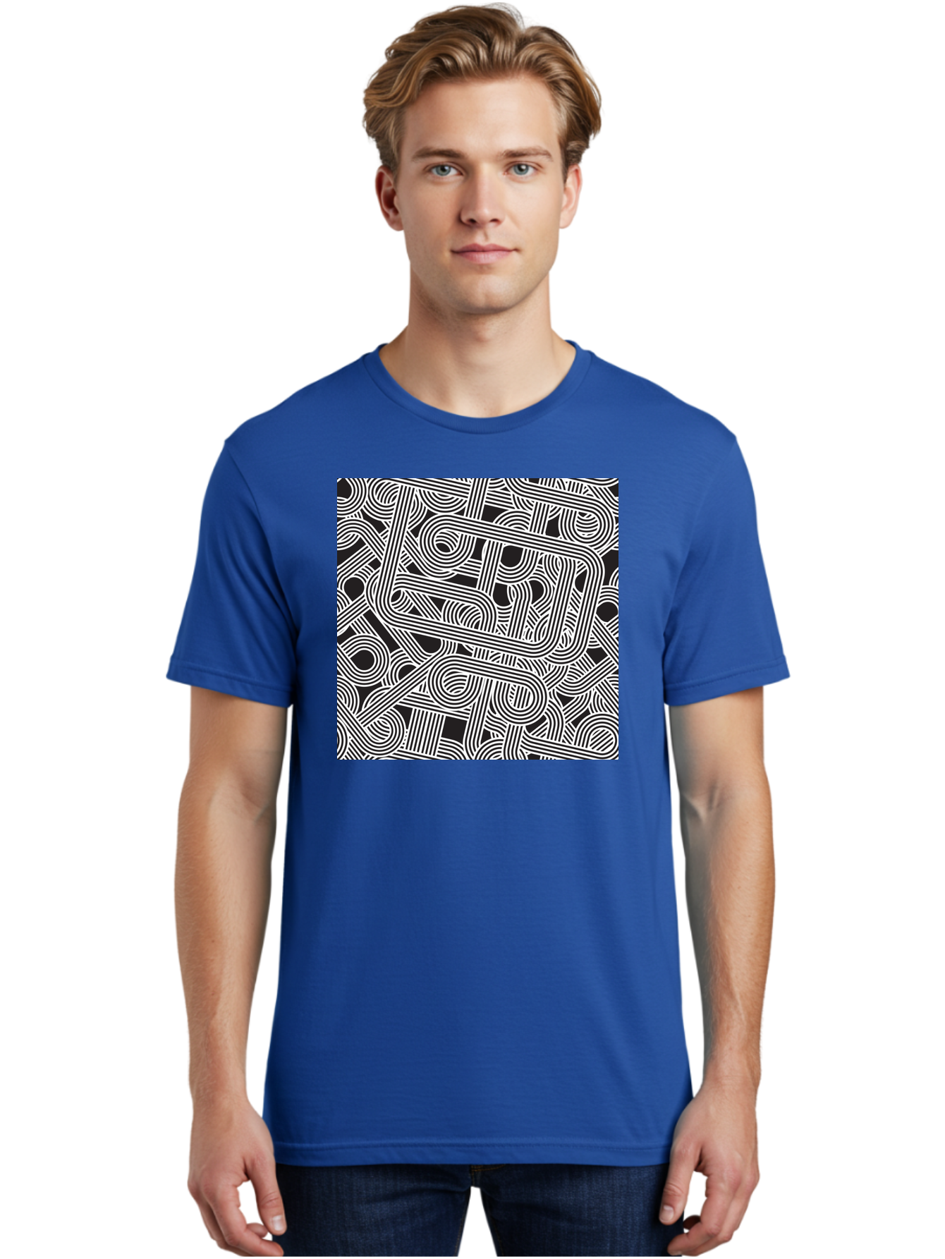 Interconnected-Loops Men'S Graphic Tee, 100% Cotton, Comfortable Casual Summer Wear, Machine Washable, Abstract Pattern, Interconnected Lines, Geometric Shapes, Black And White Design, Modern Art, Optical Illusion, Intricate Details, Aac398