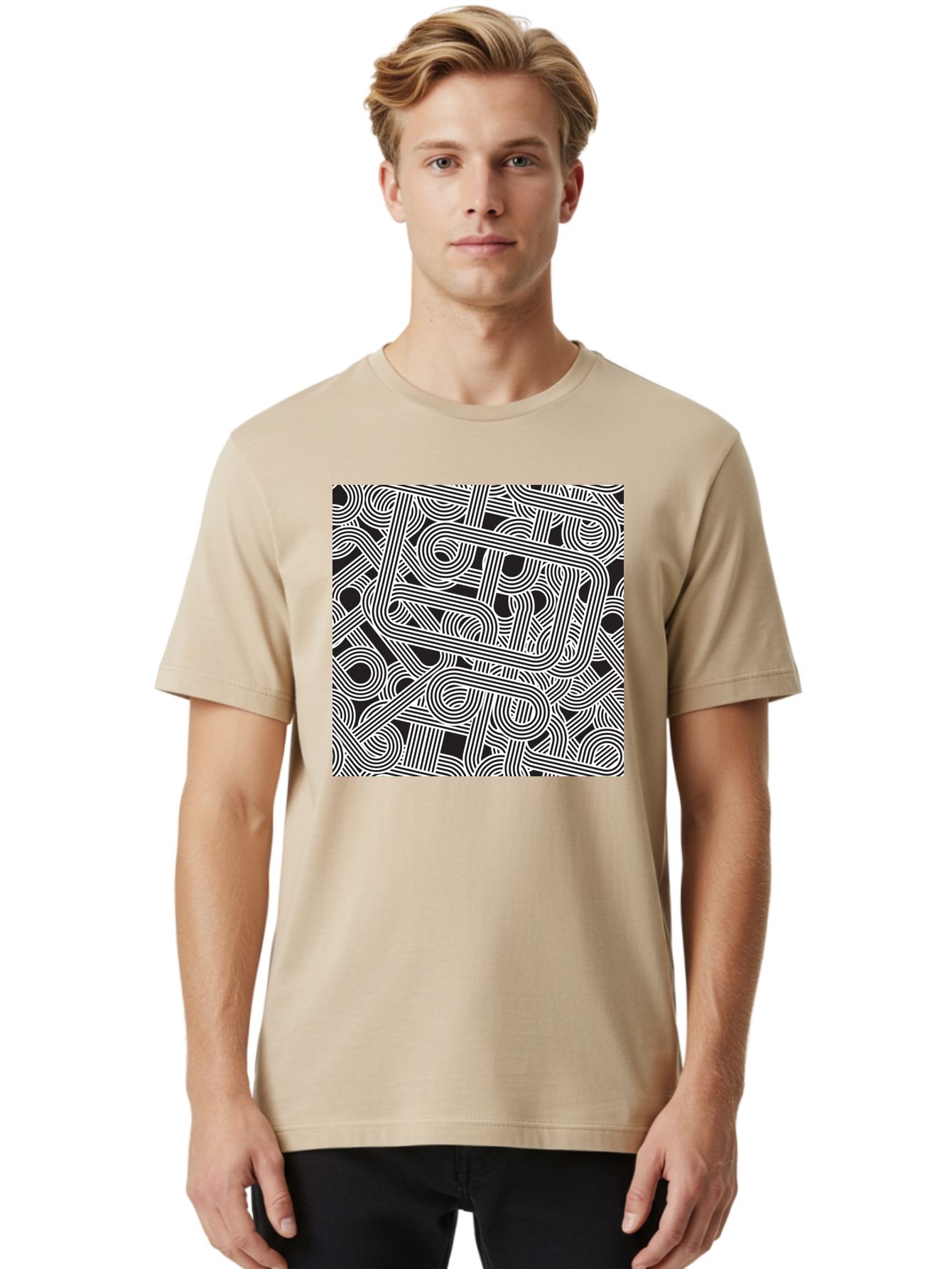 Interconnected-Loops Men'S Graphic Tee, 100% Cotton, Comfortable Casual Summer Wear, Machine Washable, Abstract Pattern, Interconnected Lines, Geometric Shapes, Black And White Design, Modern Art, Optical Illusion, Intricate Details, Aac398