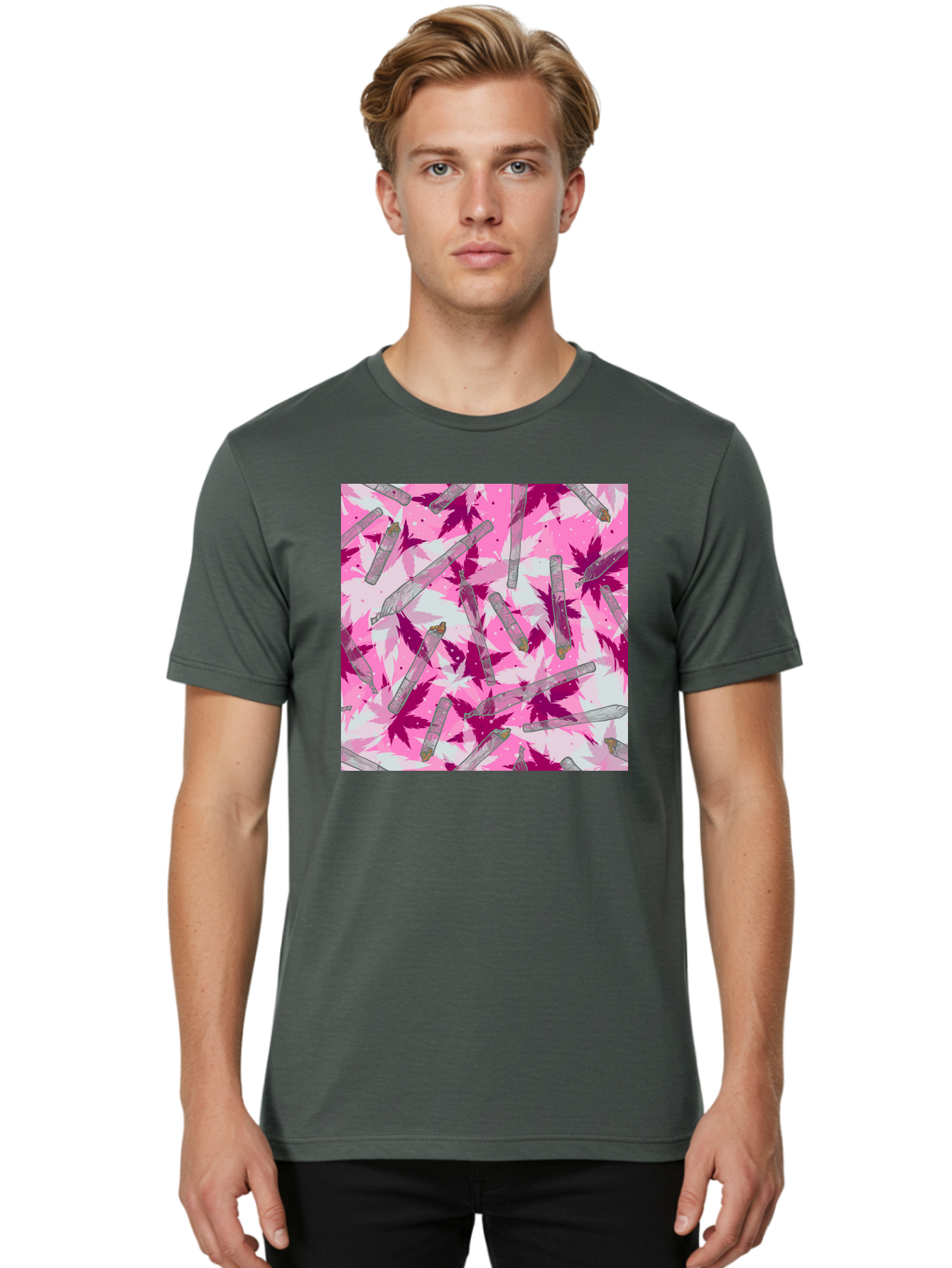 Joints-And-Marijuana-Leaves Men'S Graphic Tee, 100% Cotton, Comfortable Casual Summer Wear, Machine Washable, Cannabis Culture, Marijuana Leaves, Joints, Pink And Purple Hues, Cannabis Art, Weed Patterns, Smoking Accessories, Vibrant Colors, Aac399