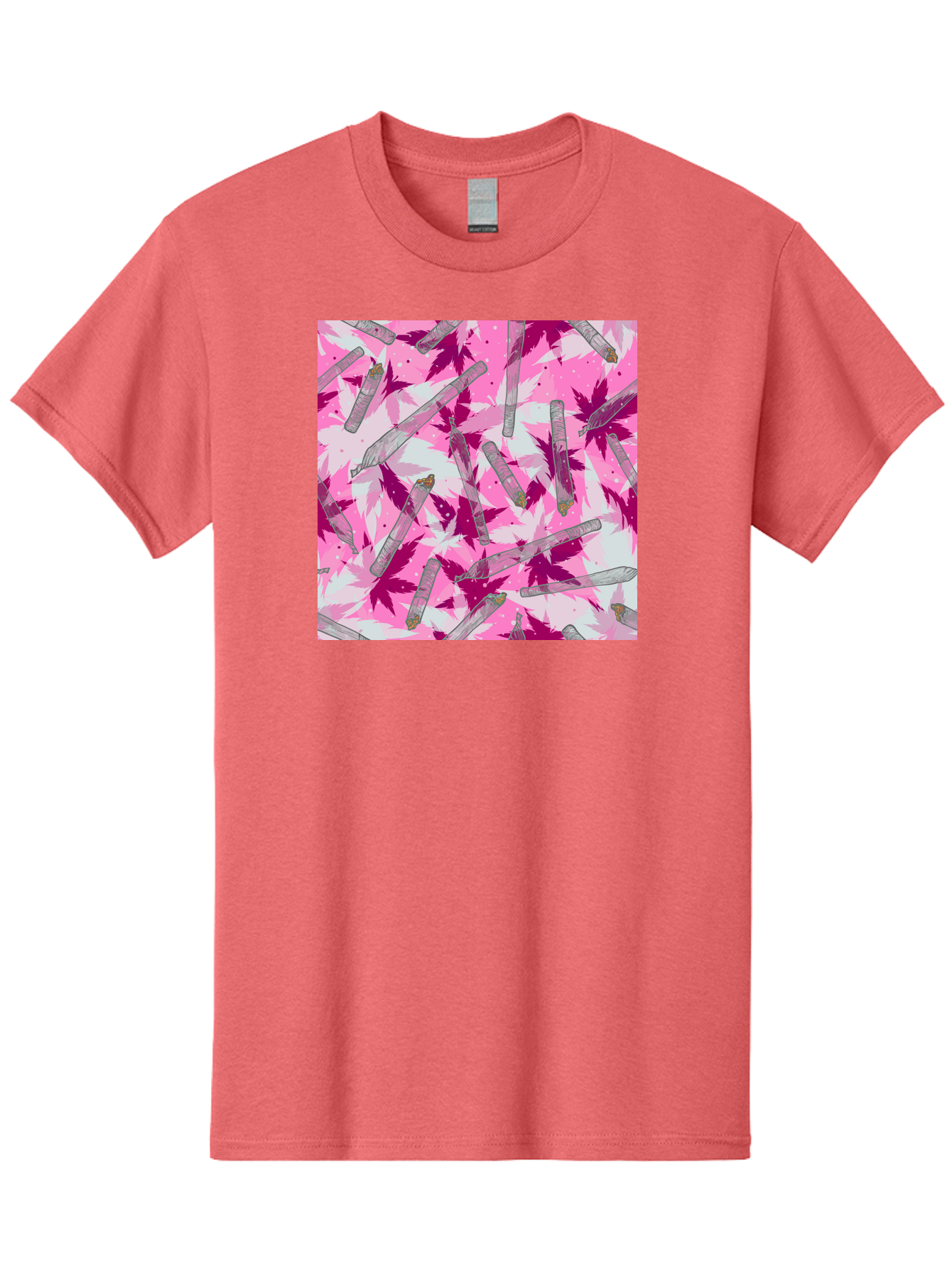 Joints-And-Marijuana-Leaves Men'S Graphic Tee, 100% Cotton, Comfortable Casual Summer Wear, Machine Washable, Cannabis Culture, Marijuana Leaves, Joints, Pink And Purple Hues, Cannabis Art, Weed Patterns, Smoking Accessories, Vibrant Colors, Aac399