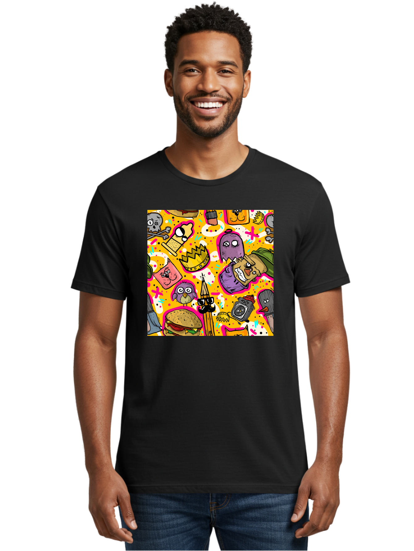 Kawaii-Characters Men'S Graphic Tee, 100% Cotton, Comfortable Casual Summer Wear, Machine Washable, Quirky Cartoon Characters, Whimsical Pattern, Playful Doodles, Cartoon Crowns, Doodle Art, Cartoon Ghosts, Funny Characters, Hamburger, Tower, Aac400