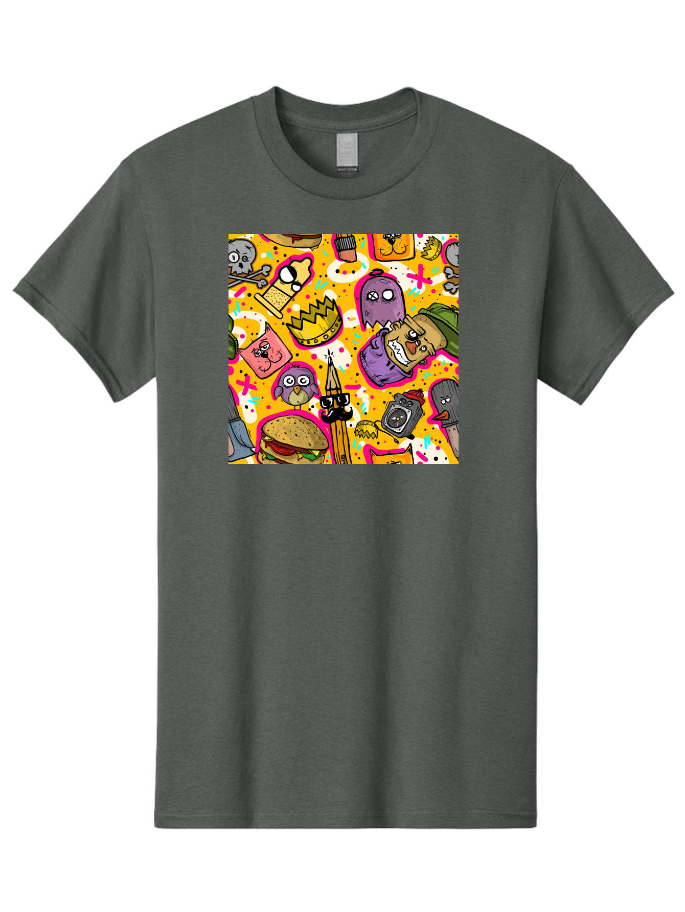 Kawaii-Characters Men'S Graphic Tee, 100% Cotton, Comfortable Casual Summer Wear, Machine Washable, Quirky Cartoon Characters, Whimsical Pattern, Playful Doodles, Cartoon Crowns, Doodle Art, Cartoon Ghosts, Funny Characters, Hamburger, Tower, Aac400