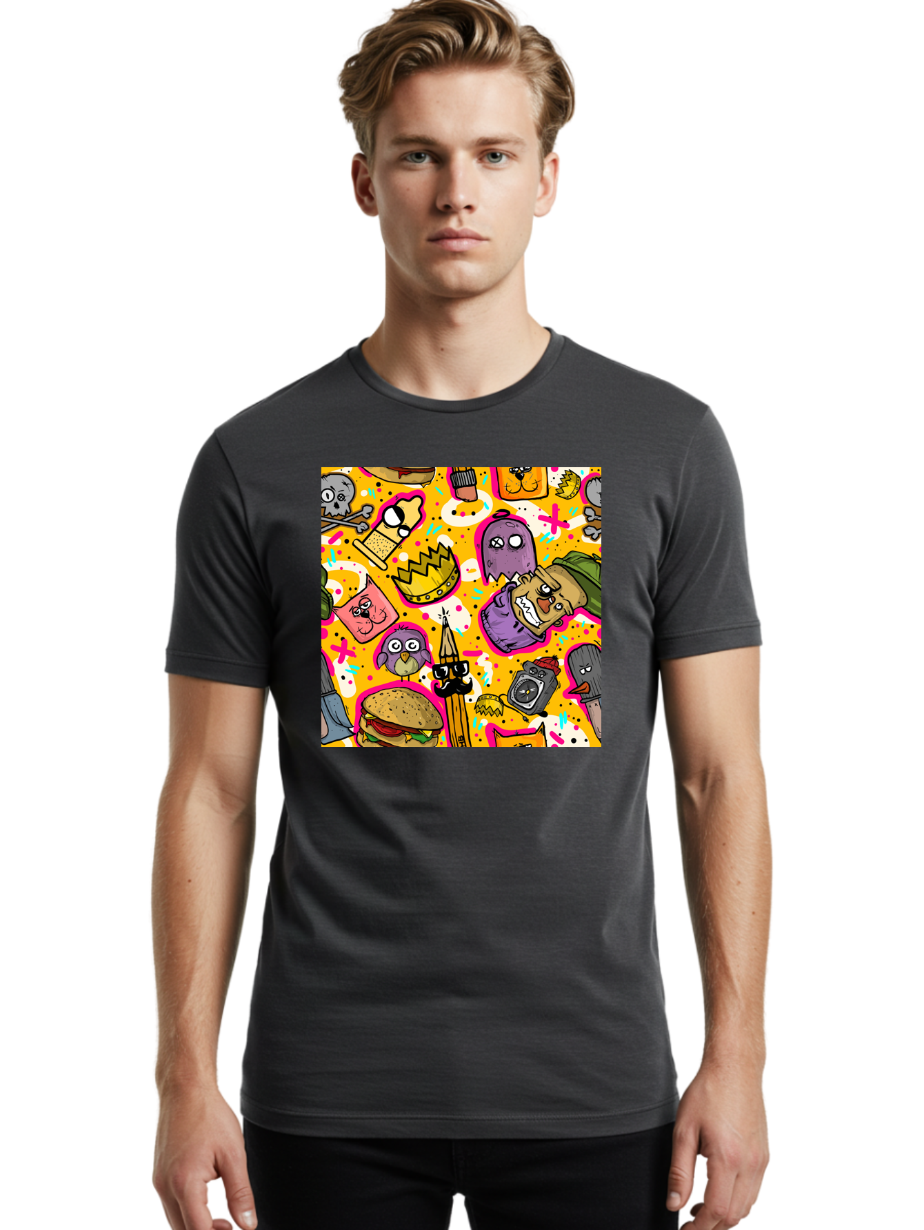 Kawaii-Characters Men'S Graphic Tee, 100% Cotton, Comfortable Casual Summer Wear, Machine Washable, Quirky Cartoon Characters, Whimsical Pattern, Playful Doodles, Cartoon Crowns, Doodle Art, Cartoon Ghosts, Funny Characters, Hamburger, Tower, Aac400