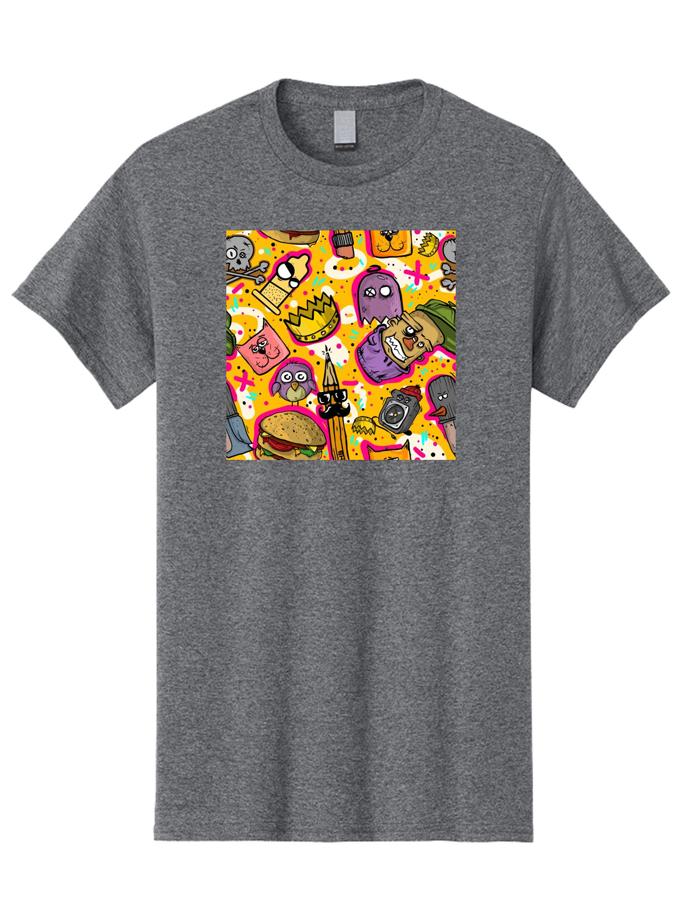 Kawaii-Characters Men'S Graphic Tee, 100% Cotton, Comfortable Casual Summer Wear, Machine Washable, Quirky Cartoon Characters, Whimsical Pattern, Playful Doodles, Cartoon Crowns, Doodle Art, Cartoon Ghosts, Funny Characters, Hamburger, Tower, Aac400