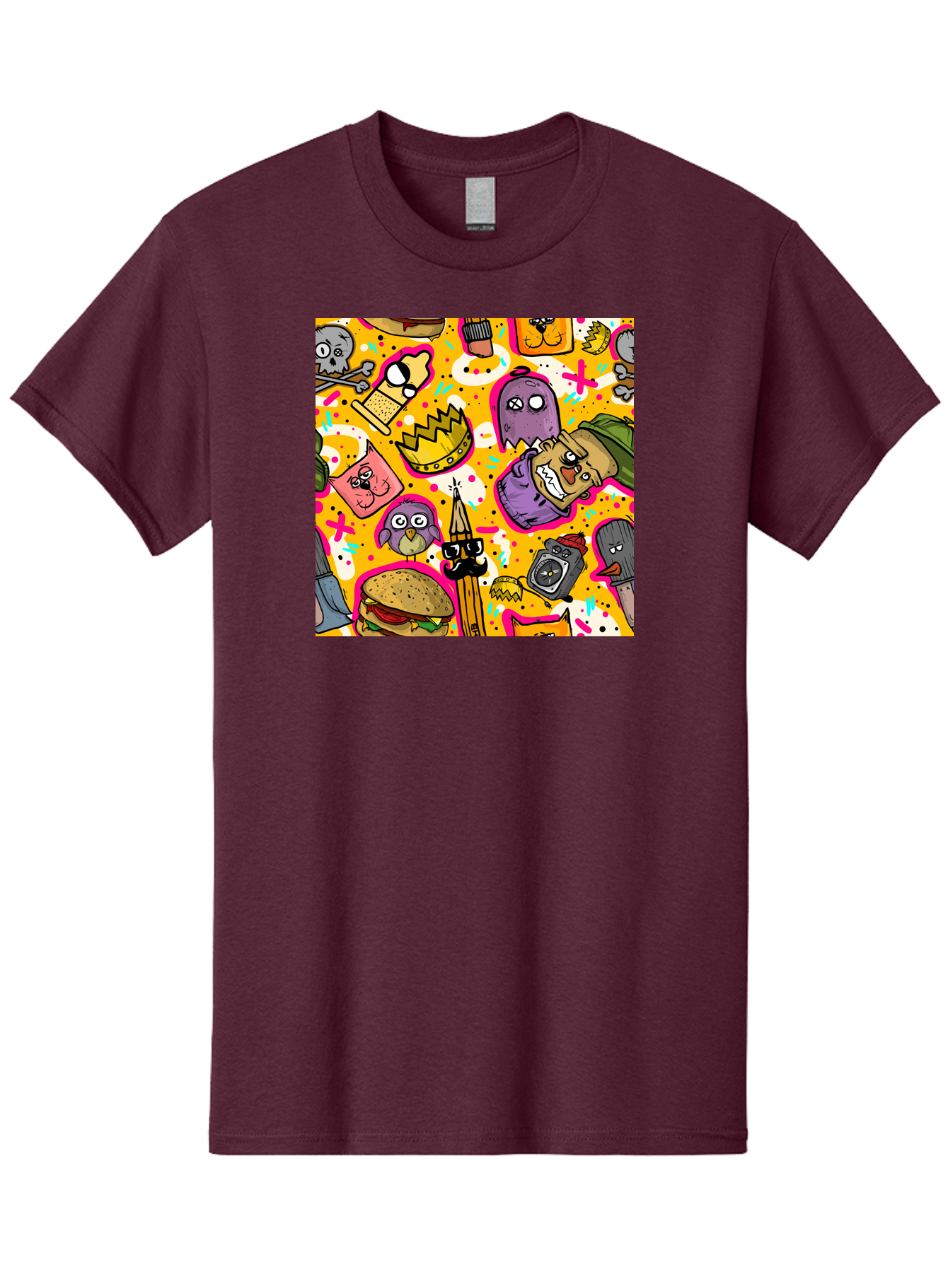 Kawaii-Characters Men'S Graphic Tee, 100% Cotton, Comfortable Casual Summer Wear, Machine Washable, Quirky Cartoon Characters, Whimsical Pattern, Playful Doodles, Cartoon Crowns, Doodle Art, Cartoon Ghosts, Funny Characters, Hamburger, Tower, Aac400