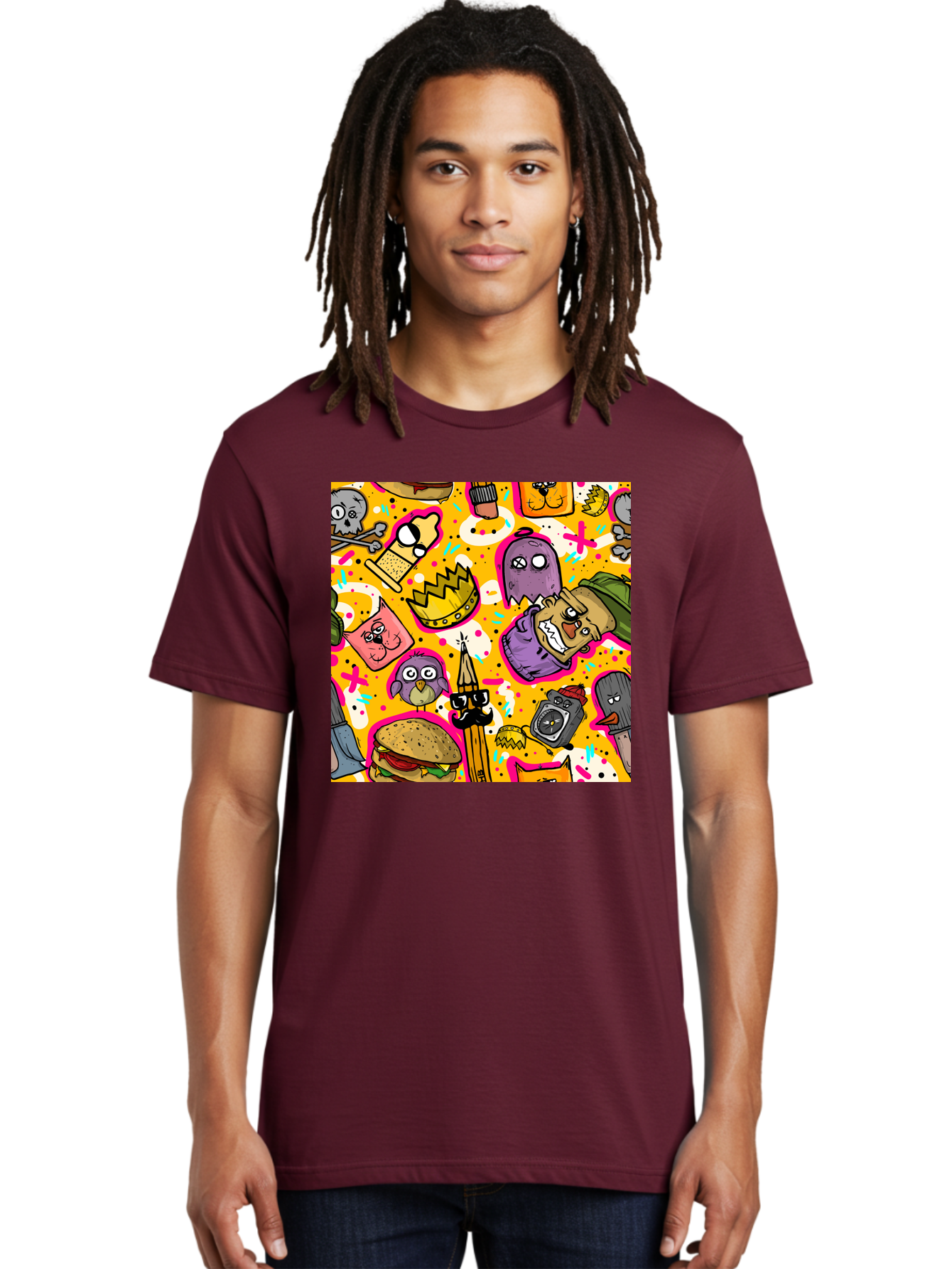 Kawaii-Characters Men'S Graphic Tee, 100% Cotton, Comfortable Casual Summer Wear, Machine Washable, Quirky Cartoon Characters, Whimsical Pattern, Playful Doodles, Cartoon Crowns, Doodle Art, Cartoon Ghosts, Funny Characters, Hamburger, Tower, Aac400