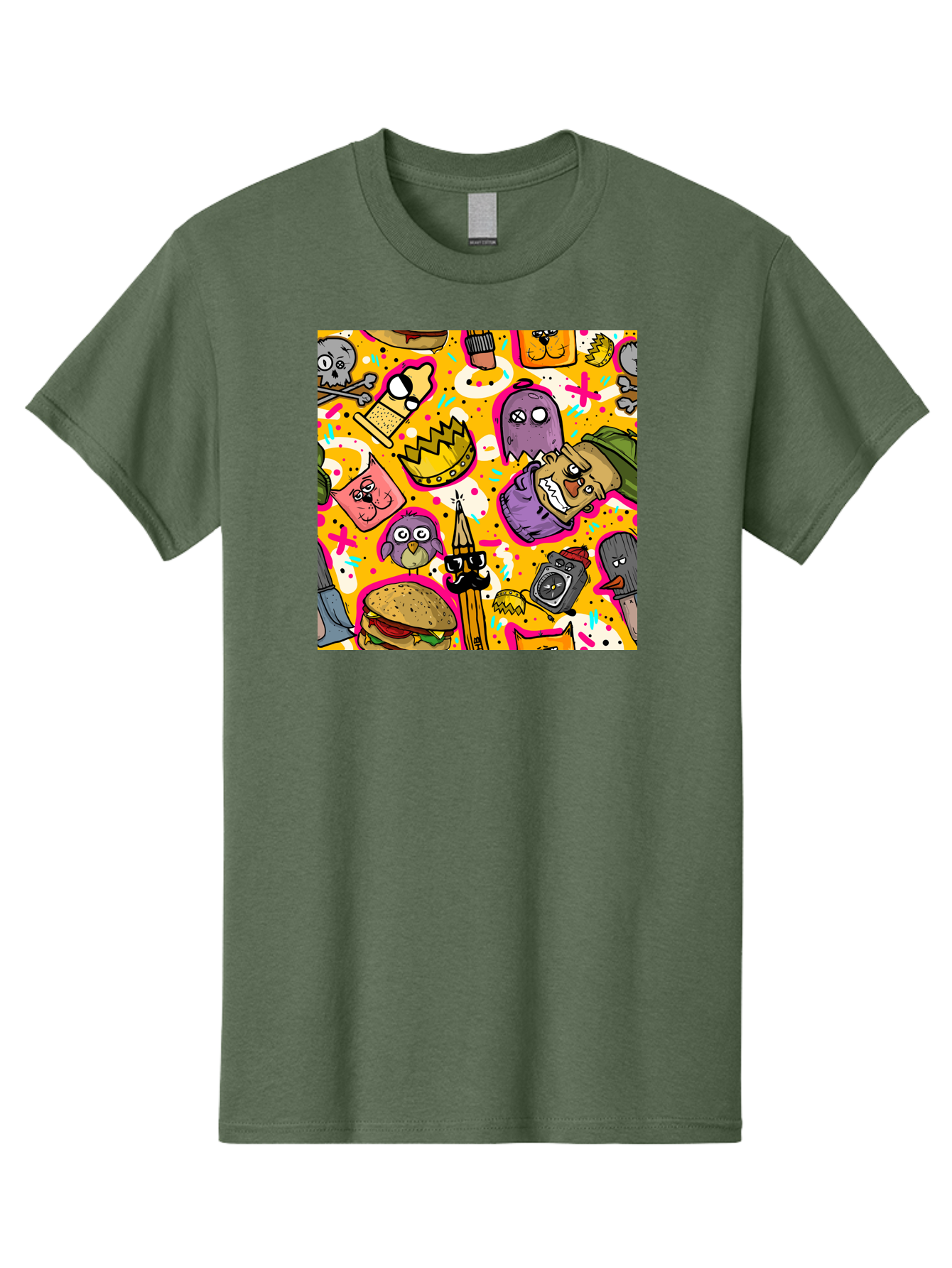 Kawaii-Characters Men'S Graphic Tee, 100% Cotton, Comfortable Casual Summer Wear, Machine Washable, Quirky Cartoon Characters, Whimsical Pattern, Playful Doodles, Cartoon Crowns, Doodle Art, Cartoon Ghosts, Funny Characters, Hamburger, Tower, Aac400