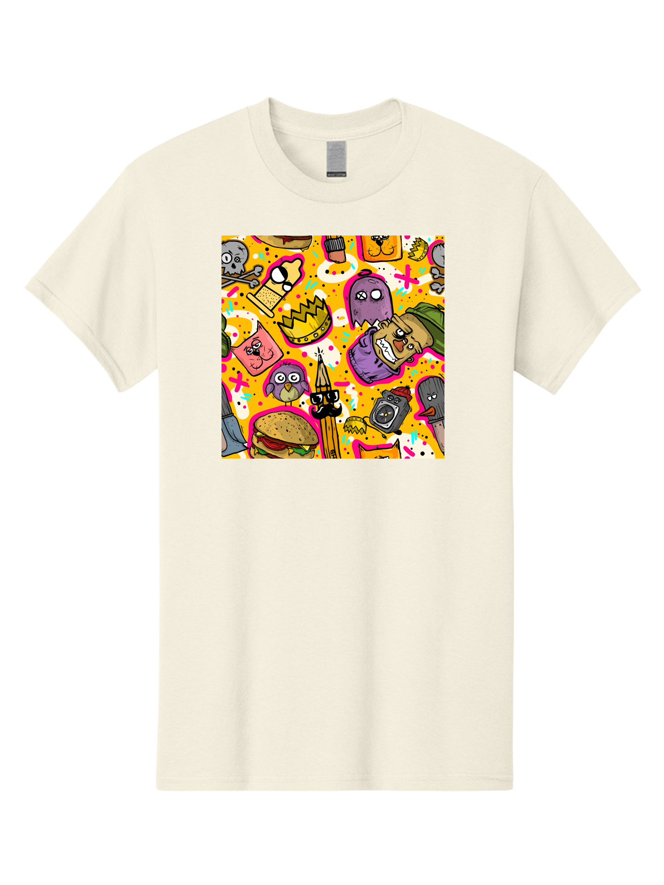 Kawaii-Characters Men'S Graphic Tee, 100% Cotton, Comfortable Casual Summer Wear, Machine Washable, Quirky Cartoon Characters, Whimsical Pattern, Playful Doodles, Cartoon Crowns, Doodle Art, Cartoon Ghosts, Funny Characters, Hamburger, Tower, Aac400