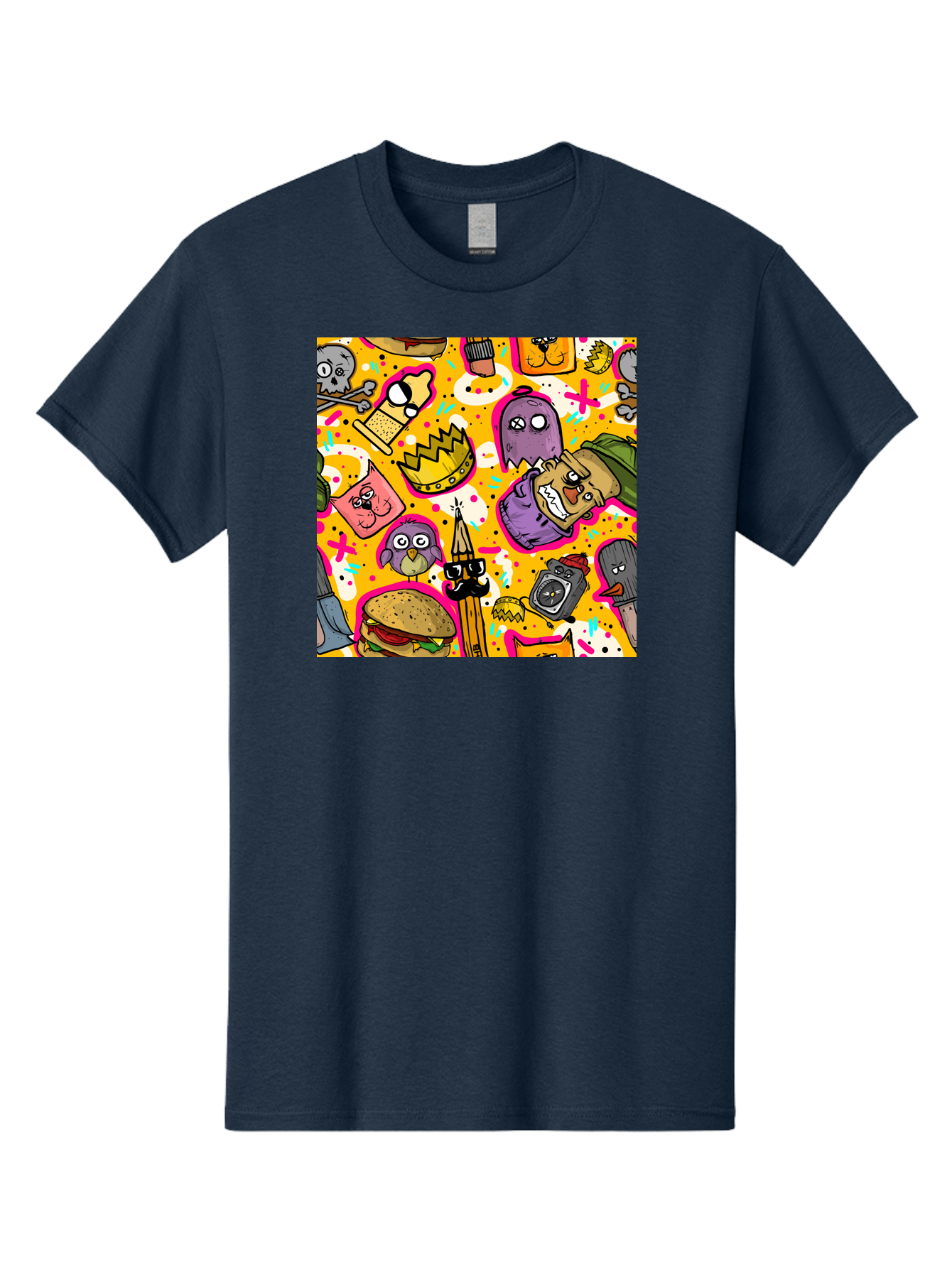 Kawaii-Characters Men'S Graphic Tee, 100% Cotton, Comfortable Casual Summer Wear, Machine Washable, Quirky Cartoon Characters, Whimsical Pattern, Playful Doodles, Cartoon Crowns, Doodle Art, Cartoon Ghosts, Funny Characters, Hamburger, Tower, Aac400