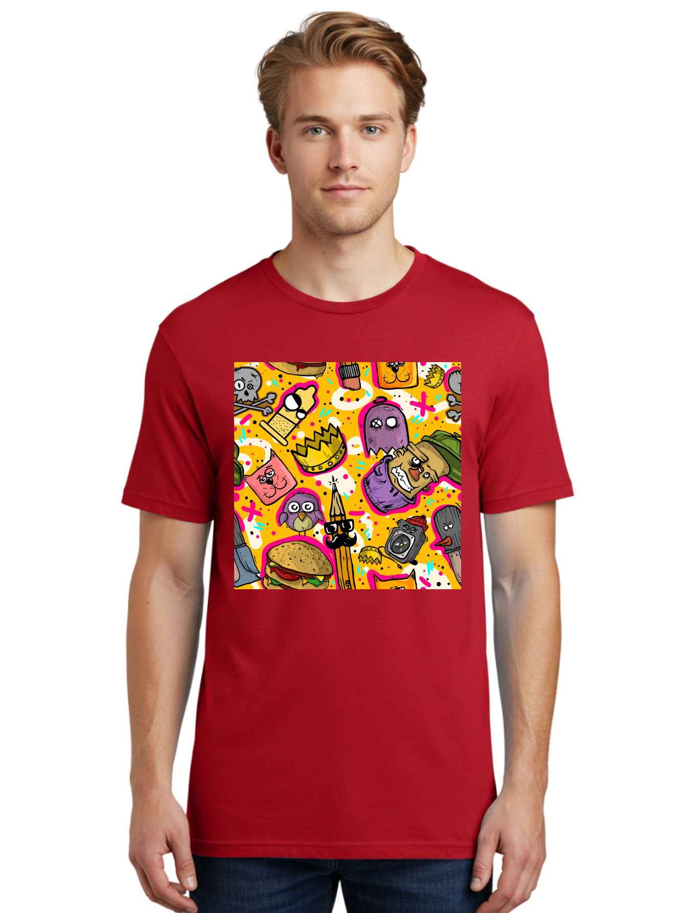 Kawaii-Characters Men'S Graphic Tee, 100% Cotton, Comfortable Casual Summer Wear, Machine Washable, Quirky Cartoon Characters, Whimsical Pattern, Playful Doodles, Cartoon Crowns, Doodle Art, Cartoon Ghosts, Funny Characters, Hamburger, Tower, Aac400