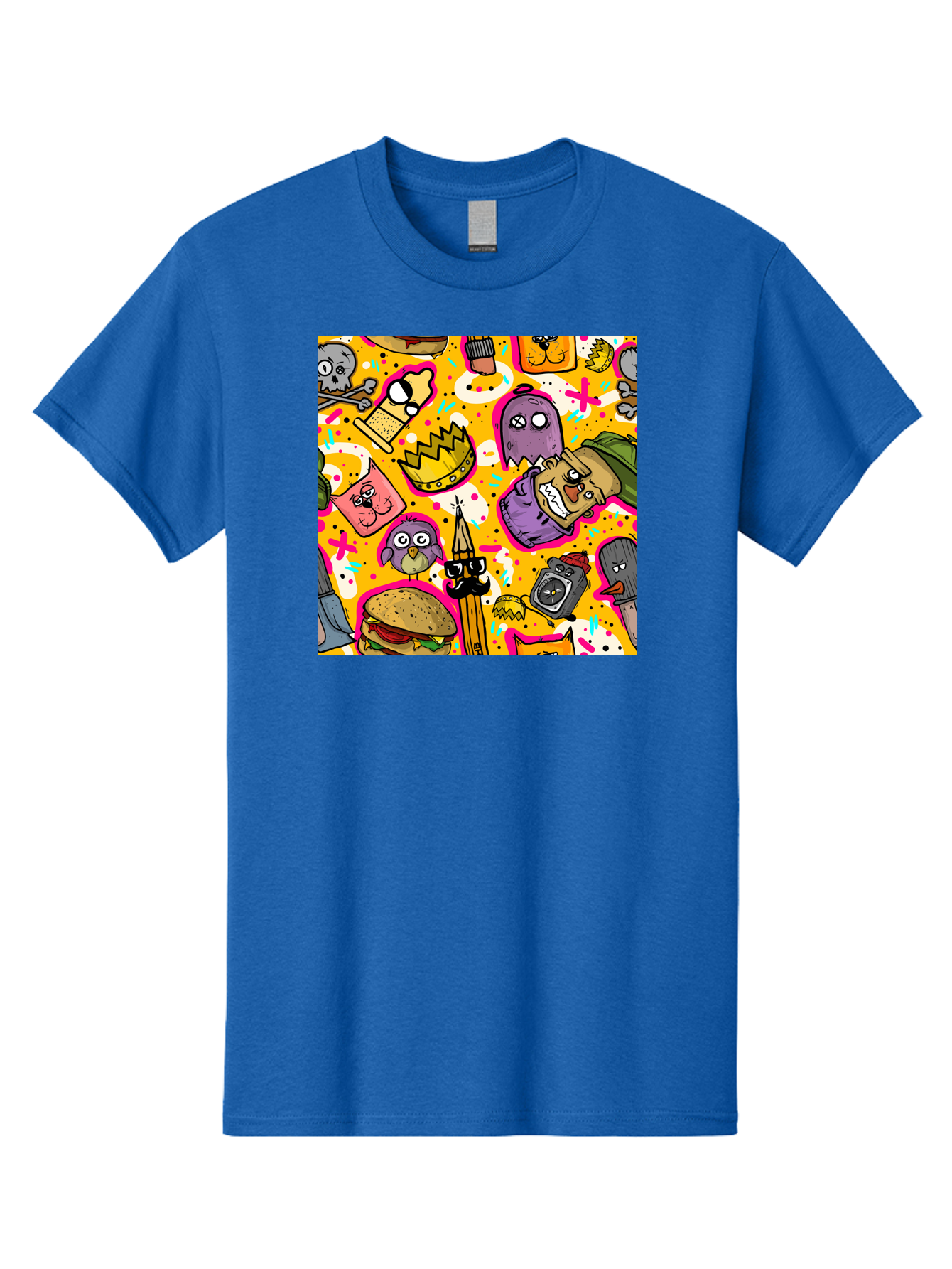 Kawaii-Characters Men'S Graphic Tee, 100% Cotton, Comfortable Casual Summer Wear, Machine Washable, Quirky Cartoon Characters, Whimsical Pattern, Playful Doodles, Cartoon Crowns, Doodle Art, Cartoon Ghosts, Funny Characters, Hamburger, Tower, Aac400