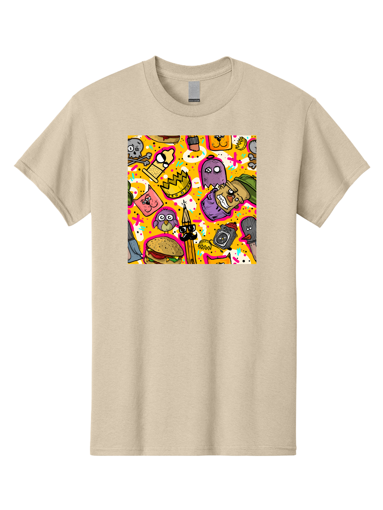Kawaii-Characters Men'S Graphic Tee, 100% Cotton, Comfortable Casual Summer Wear, Machine Washable, Quirky Cartoon Characters, Whimsical Pattern, Playful Doodles, Cartoon Crowns, Doodle Art, Cartoon Ghosts, Funny Characters, Hamburger, Tower, Aac400