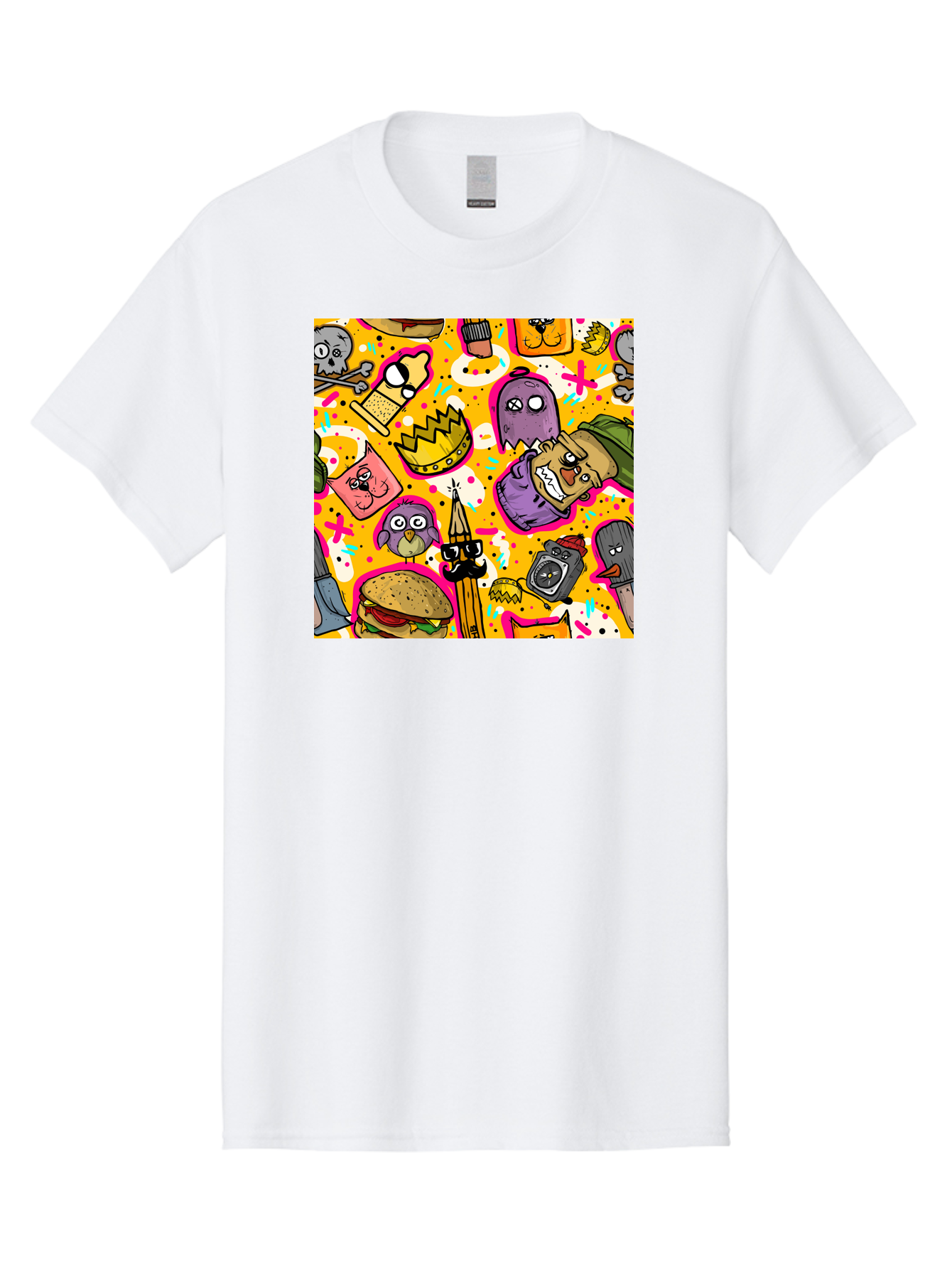 Kawaii-Characters Men'S Graphic Tee, 100% Cotton, Comfortable Casual Summer Wear, Machine Washable, Quirky Cartoon Characters, Whimsical Pattern, Playful Doodles, Cartoon Crowns, Doodle Art, Cartoon Ghosts, Funny Characters, Hamburger, Tower, Aac400