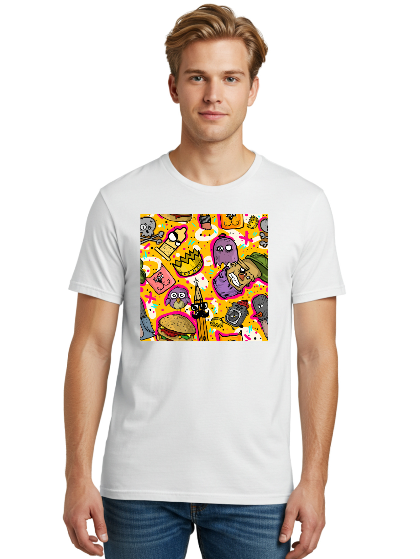 Kawaii-Characters Men'S Graphic Tee, 100% Cotton, Comfortable Casual Summer Wear, Machine Washable, Quirky Cartoon Characters, Whimsical Pattern, Playful Doodles, Cartoon Crowns, Doodle Art, Cartoon Ghosts, Funny Characters, Hamburger, Tower, Aac400