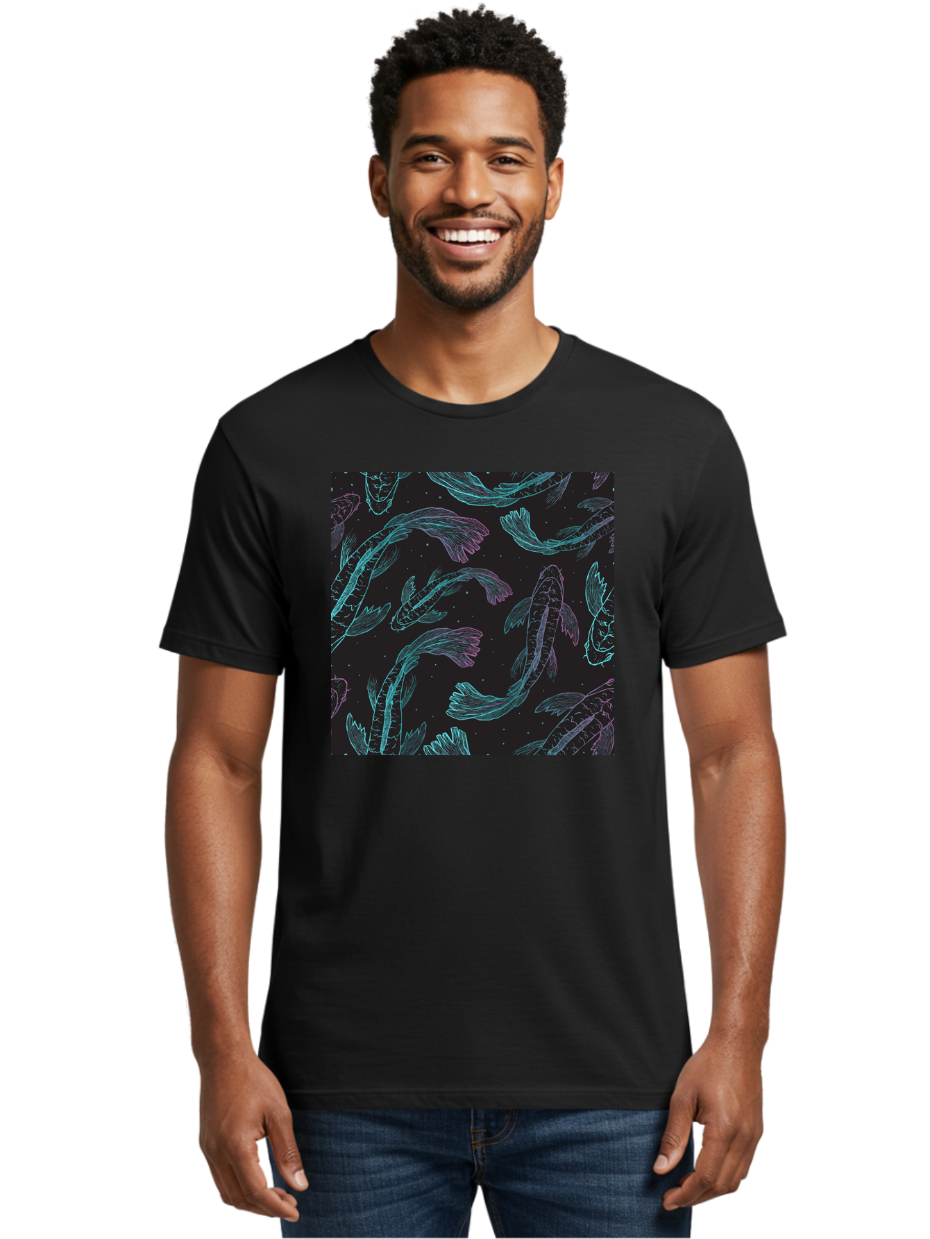 Koi-Fish-Pattern Men'S Graphic Tee, 100% Cotton, Comfortable Casual Summer Wear, Machine Washable, Koi Fish Pattern, Neon Koi, Fish Illustration, Aquatic Design, Vibrant Colors, Whimsical Artwork, Abstract Fish, Digital Art, Koi Fish Art, Aac401