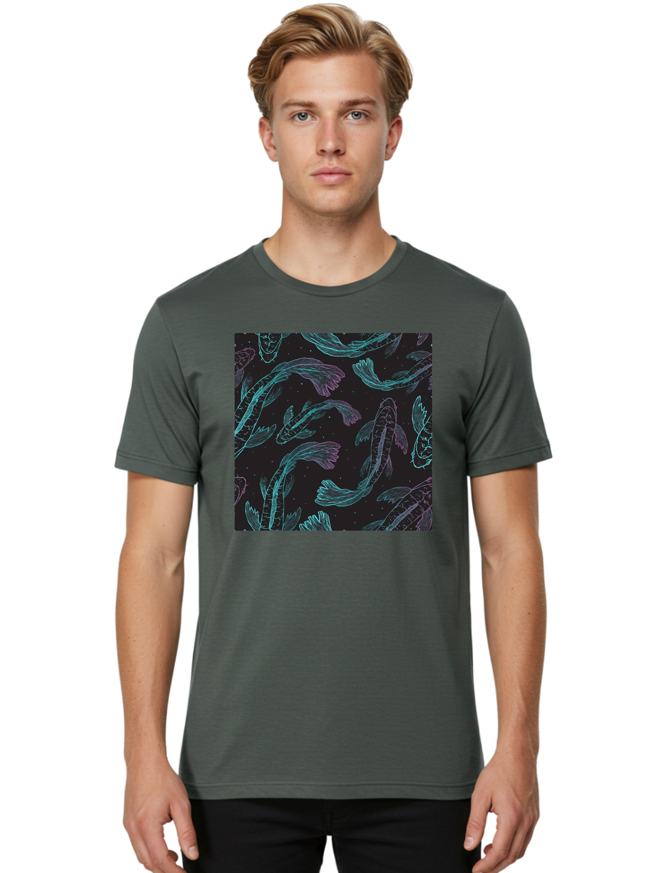 Koi-Fish-Pattern Men'S Graphic Tee, 100% Cotton, Comfortable Casual Summer Wear, Machine Washable, Koi Fish Pattern, Neon Koi, Fish Illustration, Aquatic Design, Vibrant Colors, Whimsical Artwork, Abstract Fish, Digital Art, Koi Fish Art, Aac401