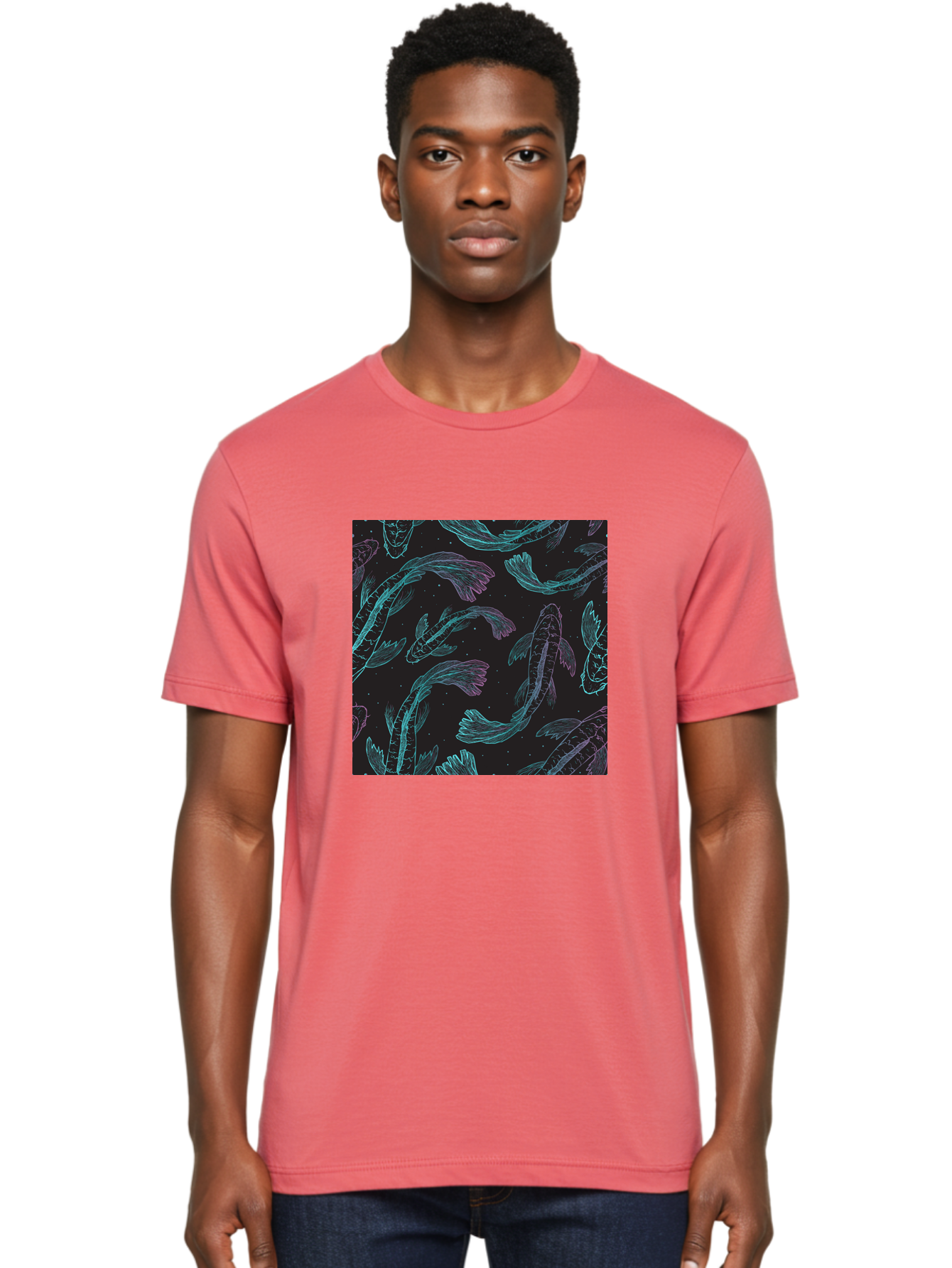 Koi-Fish-Pattern Men'S Graphic Tee, 100% Cotton, Comfortable Casual Summer Wear, Machine Washable, Koi Fish Pattern, Neon Koi, Fish Illustration, Aquatic Design, Vibrant Colors, Whimsical Artwork, Abstract Fish, Digital Art, Koi Fish Art, Aac401