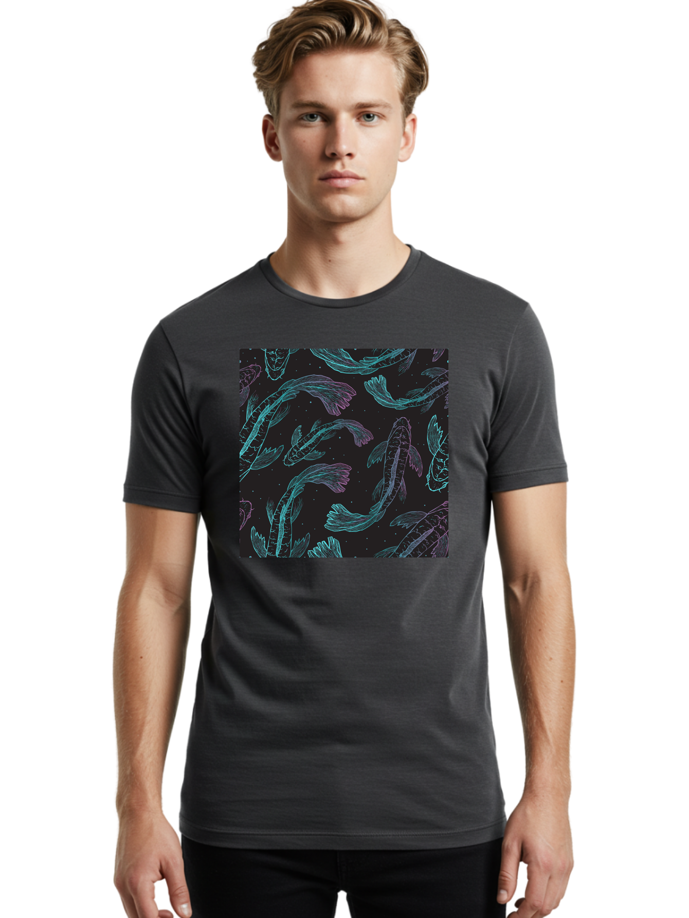Koi-Fish-Pattern Men'S Graphic Tee, 100% Cotton, Comfortable Casual Summer Wear, Machine Washable, Koi Fish Pattern, Neon Koi, Fish Illustration, Aquatic Design, Vibrant Colors, Whimsical Artwork, Abstract Fish, Digital Art, Koi Fish Art, Aac401