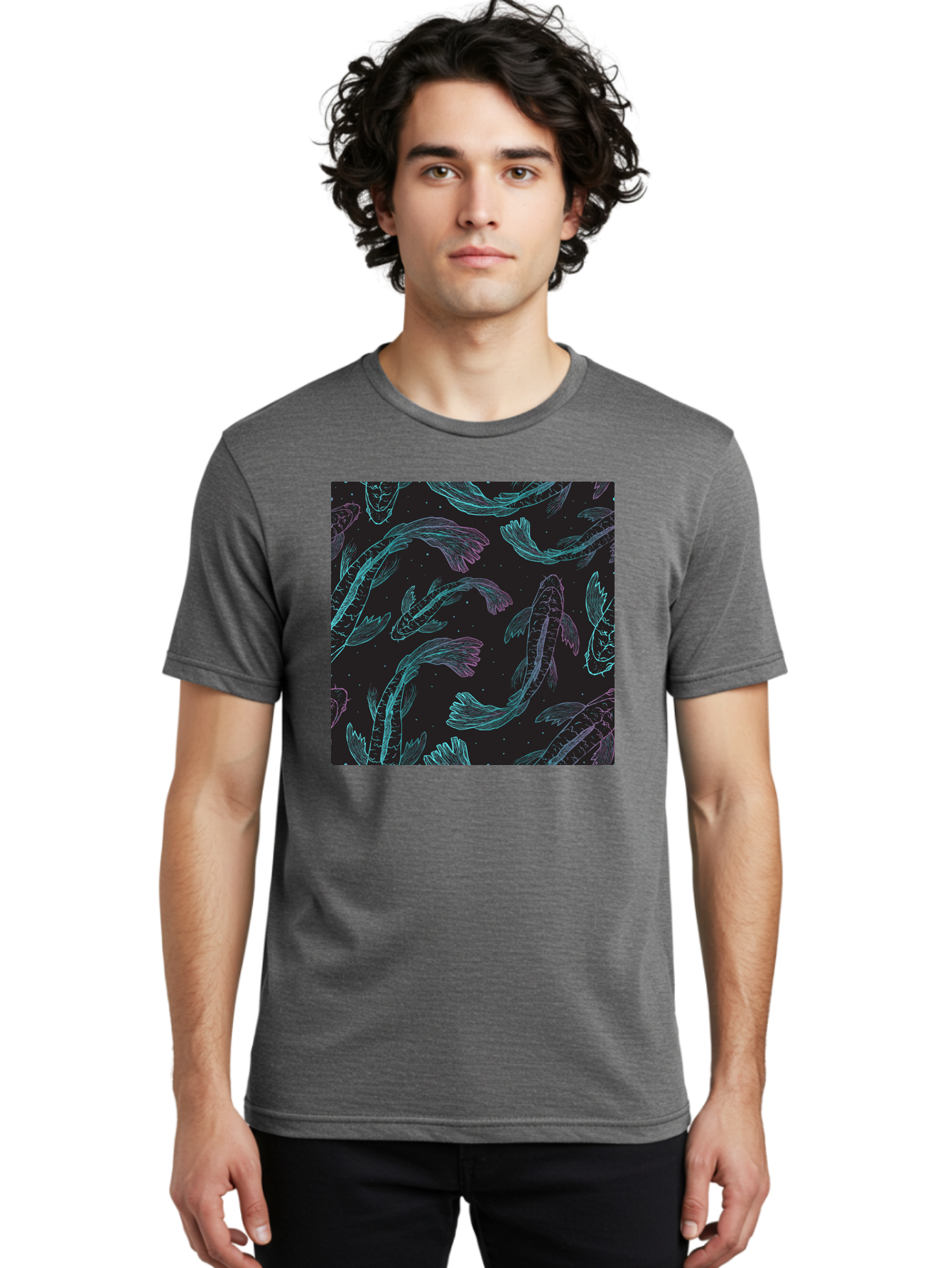 Koi-Fish-Pattern Men'S Graphic Tee, 100% Cotton, Comfortable Casual Summer Wear, Machine Washable, Koi Fish Pattern, Neon Koi, Fish Illustration, Aquatic Design, Vibrant Colors, Whimsical Artwork, Abstract Fish, Digital Art, Koi Fish Art, Aac401