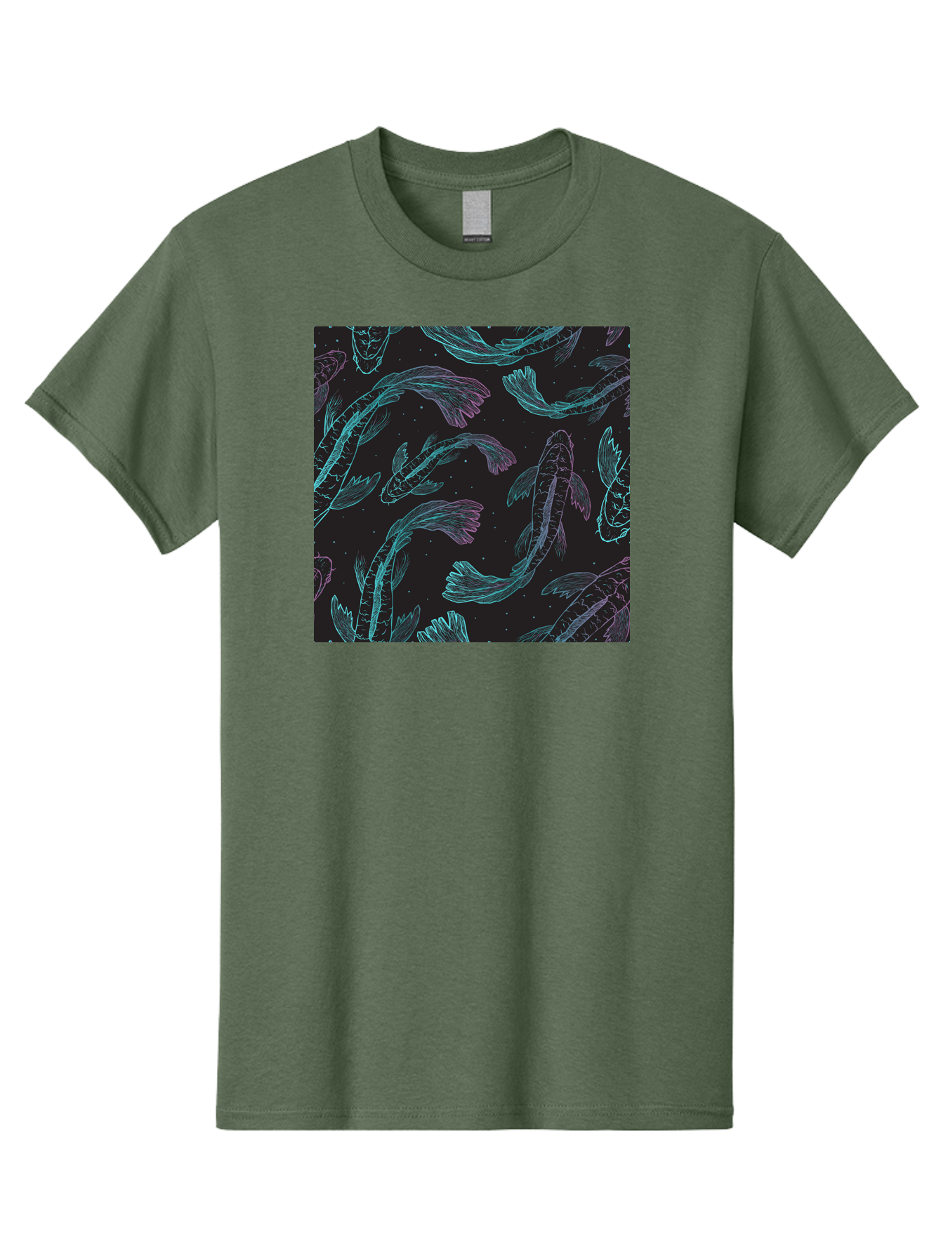 Koi-Fish-Pattern Men'S Graphic Tee, 100% Cotton, Comfortable Casual Summer Wear, Machine Washable, Koi Fish Pattern, Neon Koi, Fish Illustration, Aquatic Design, Vibrant Colors, Whimsical Artwork, Abstract Fish, Digital Art, Koi Fish Art, Aac401