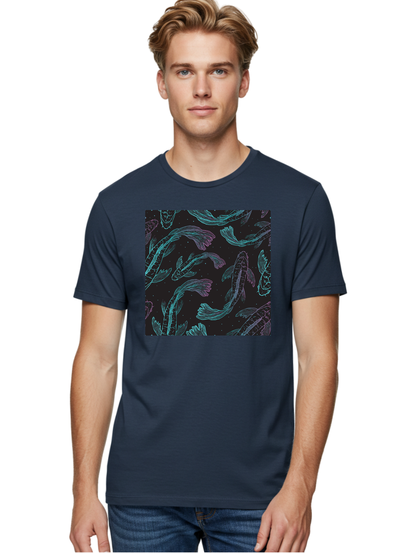 Koi-Fish-Pattern Men'S Graphic Tee, 100% Cotton, Comfortable Casual Summer Wear, Machine Washable, Koi Fish Pattern, Neon Koi, Fish Illustration, Aquatic Design, Vibrant Colors, Whimsical Artwork, Abstract Fish, Digital Art, Koi Fish Art, Aac401