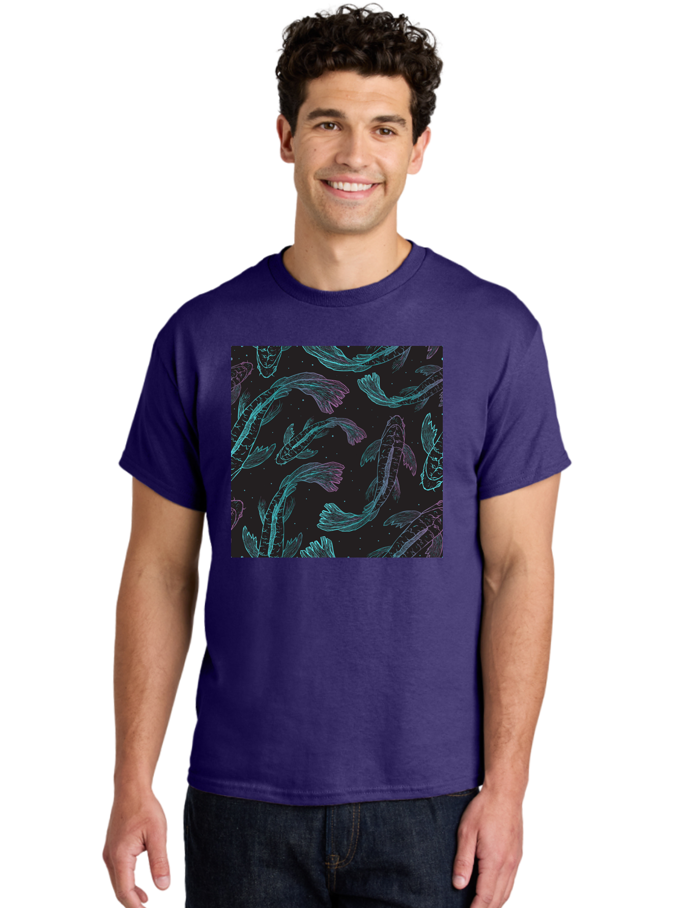 Koi-Fish-Pattern Men'S Graphic Tee, 100% Cotton, Comfortable Casual Summer Wear, Machine Washable, Koi Fish Pattern, Neon Koi, Fish Illustration, Aquatic Design, Vibrant Colors, Whimsical Artwork, Abstract Fish, Digital Art, Koi Fish Art, Aac401