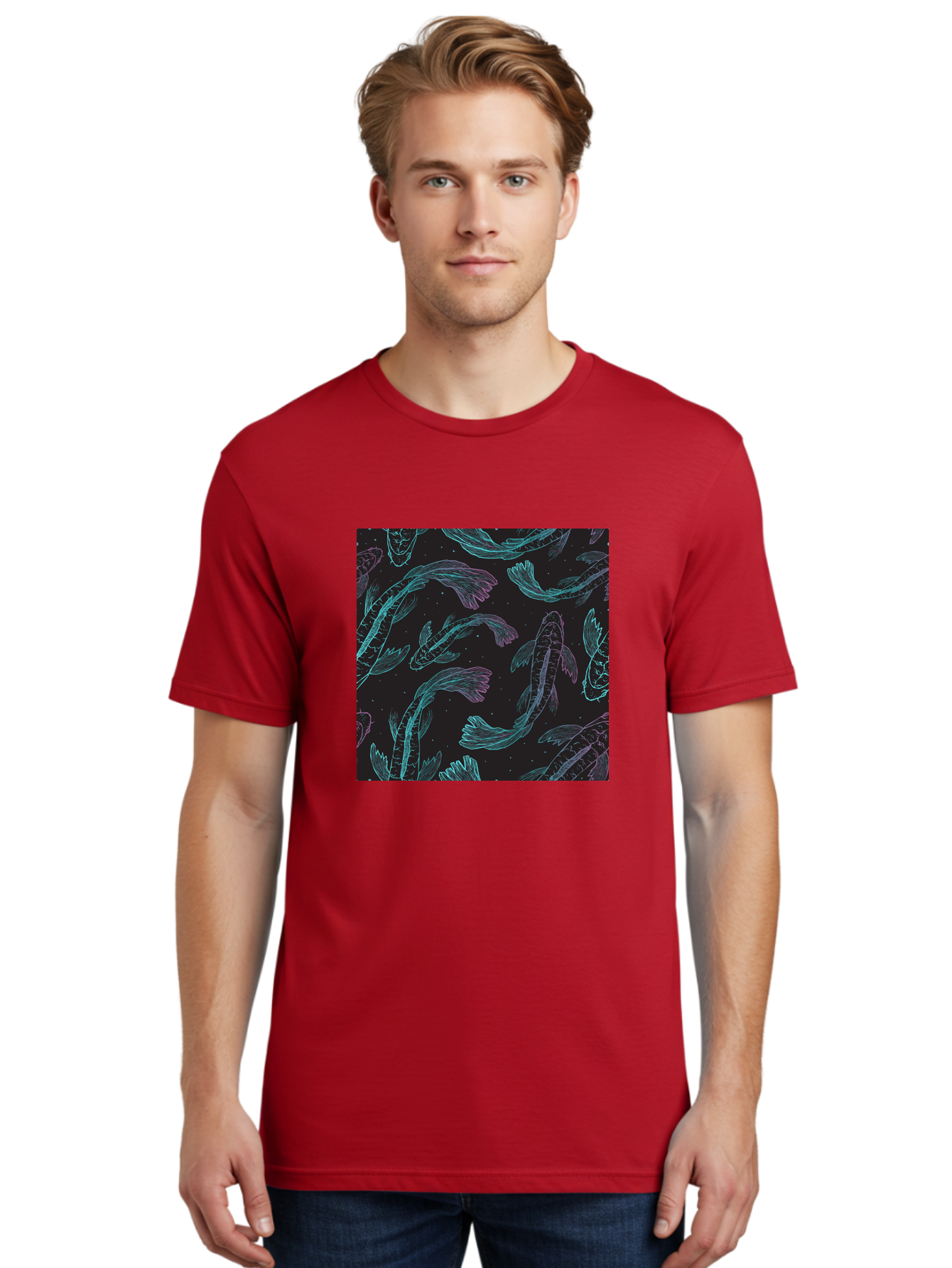 Koi-Fish-Pattern Men'S Graphic Tee, 100% Cotton, Comfortable Casual Summer Wear, Machine Washable, Koi Fish Pattern, Neon Koi, Fish Illustration, Aquatic Design, Vibrant Colors, Whimsical Artwork, Abstract Fish, Digital Art, Koi Fish Art, Aac401