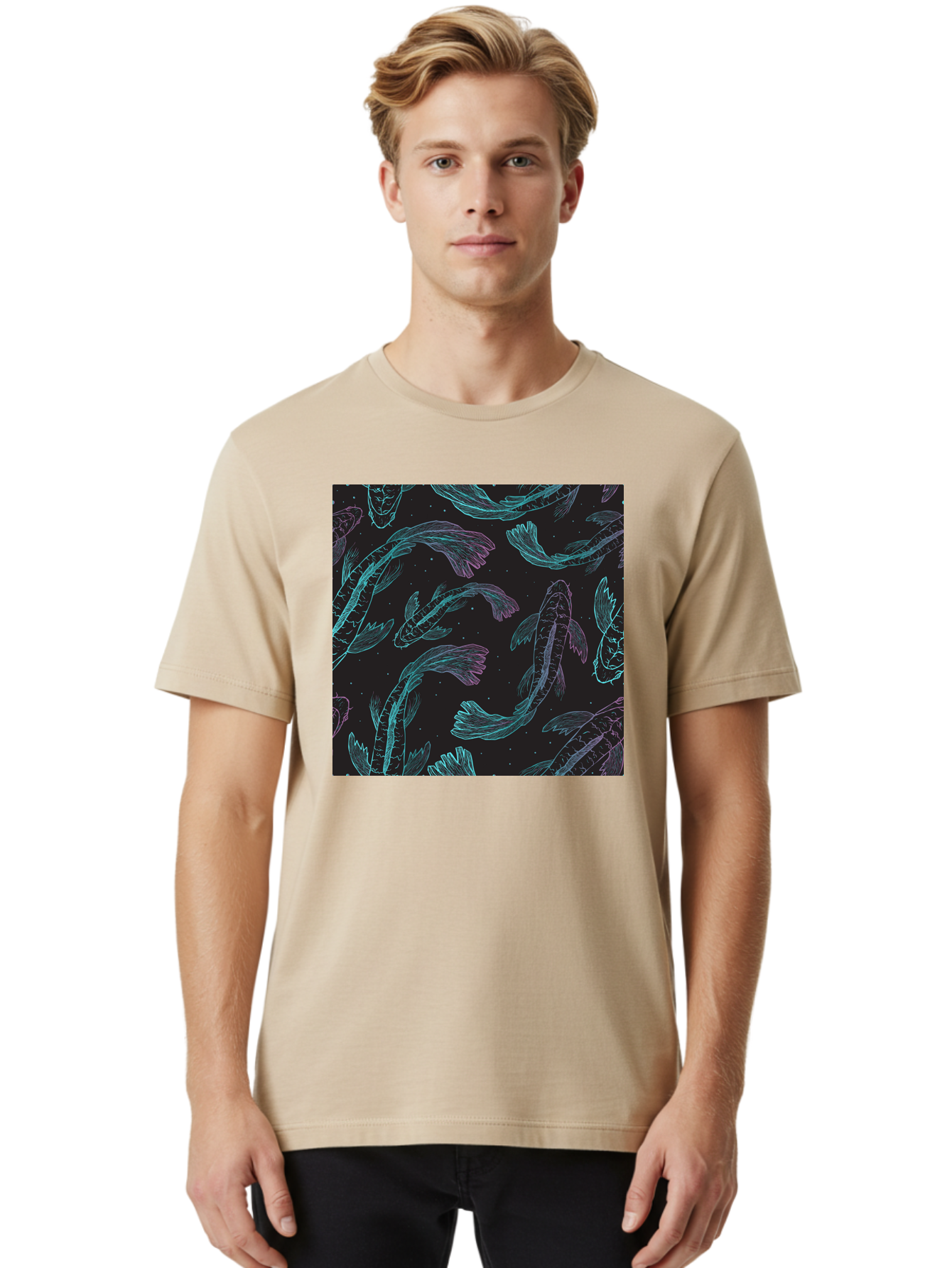 Koi-Fish-Pattern Men'S Graphic Tee, 100% Cotton, Comfortable Casual Summer Wear, Machine Washable, Koi Fish Pattern, Neon Koi, Fish Illustration, Aquatic Design, Vibrant Colors, Whimsical Artwork, Abstract Fish, Digital Art, Koi Fish Art, Aac401