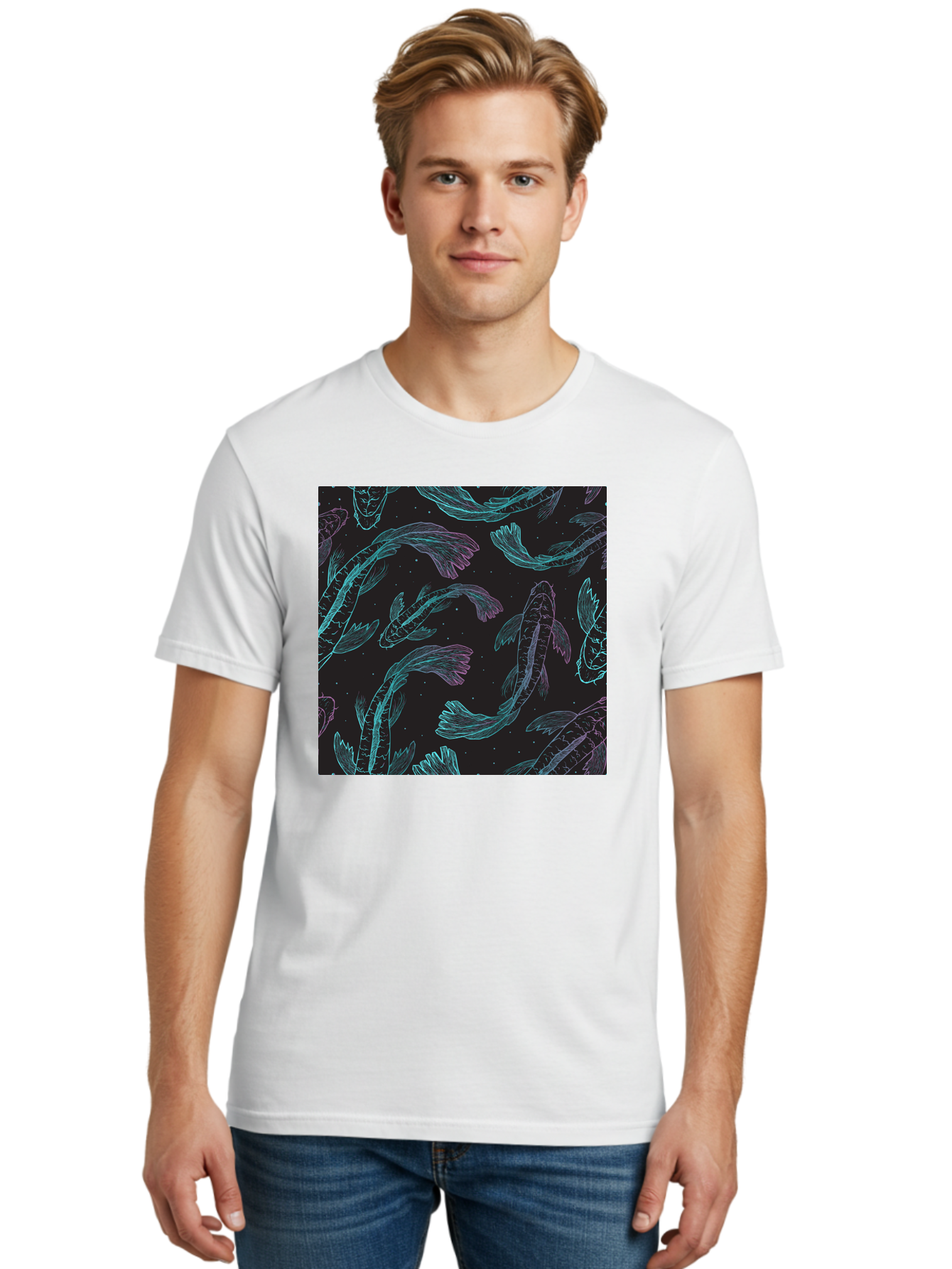Koi-Fish-Pattern Men'S Graphic Tee, 100% Cotton, Comfortable Casual Summer Wear, Machine Washable, Koi Fish Pattern, Neon Koi, Fish Illustration, Aquatic Design, Vibrant Colors, Whimsical Artwork, Abstract Fish, Digital Art, Koi Fish Art, Aac401