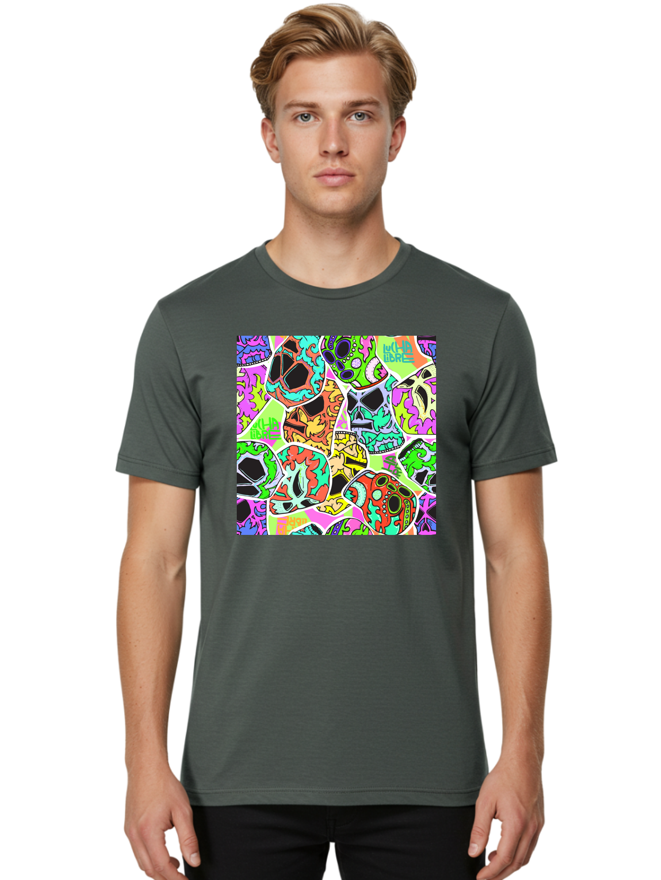 Lull-Em-Bars-Sugar-Skulls Men'S Graphic Tee, 100% Cotton, Comfortable Casual Summer Wear, Machine Washable, Psychedelic Skulls, Vibrant Colors, Floral Patterns, Abstract Designs, Colorful Artwork, Skull Art, Digital Illustration, Lull 'Em Bars Aac403