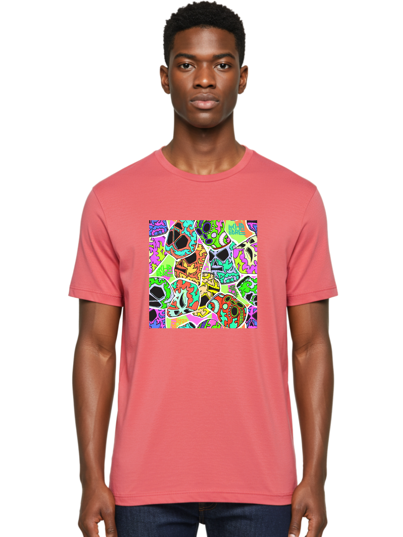 Lull-Em-Bars-Sugar-Skulls Men'S Graphic Tee, 100% Cotton, Comfortable Casual Summer Wear, Machine Washable, Psychedelic Skulls, Vibrant Colors, Floral Patterns, Abstract Designs, Colorful Artwork, Skull Art, Digital Illustration, Lull 'Em Bars Aac403