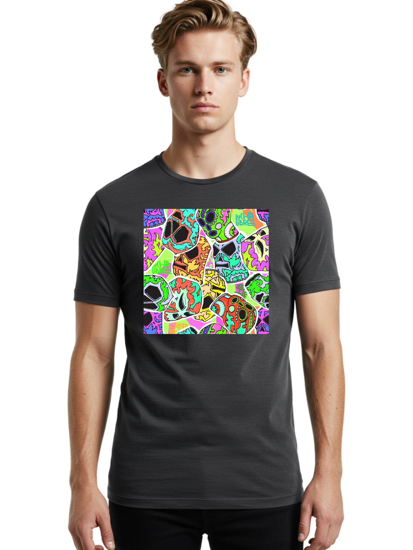 Lull-Em-Bars-Sugar-Skulls Men'S Graphic Tee, 100% Cotton, Comfortable Casual Summer Wear, Machine Washable, Psychedelic Skulls, Vibrant Colors, Floral Patterns, Abstract Designs, Colorful Artwork, Skull Art, Digital Illustration, Lull 'Em Bars Aac403