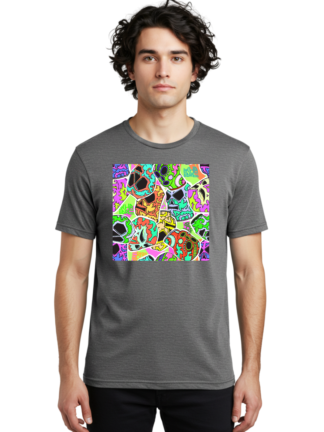 Lull-Em-Bars-Sugar-Skulls Men'S Graphic Tee, 100% Cotton, Comfortable Casual Summer Wear, Machine Washable, Psychedelic Skulls, Vibrant Colors, Floral Patterns, Abstract Designs, Colorful Artwork, Skull Art, Digital Illustration, Lull 'Em Bars Aac403