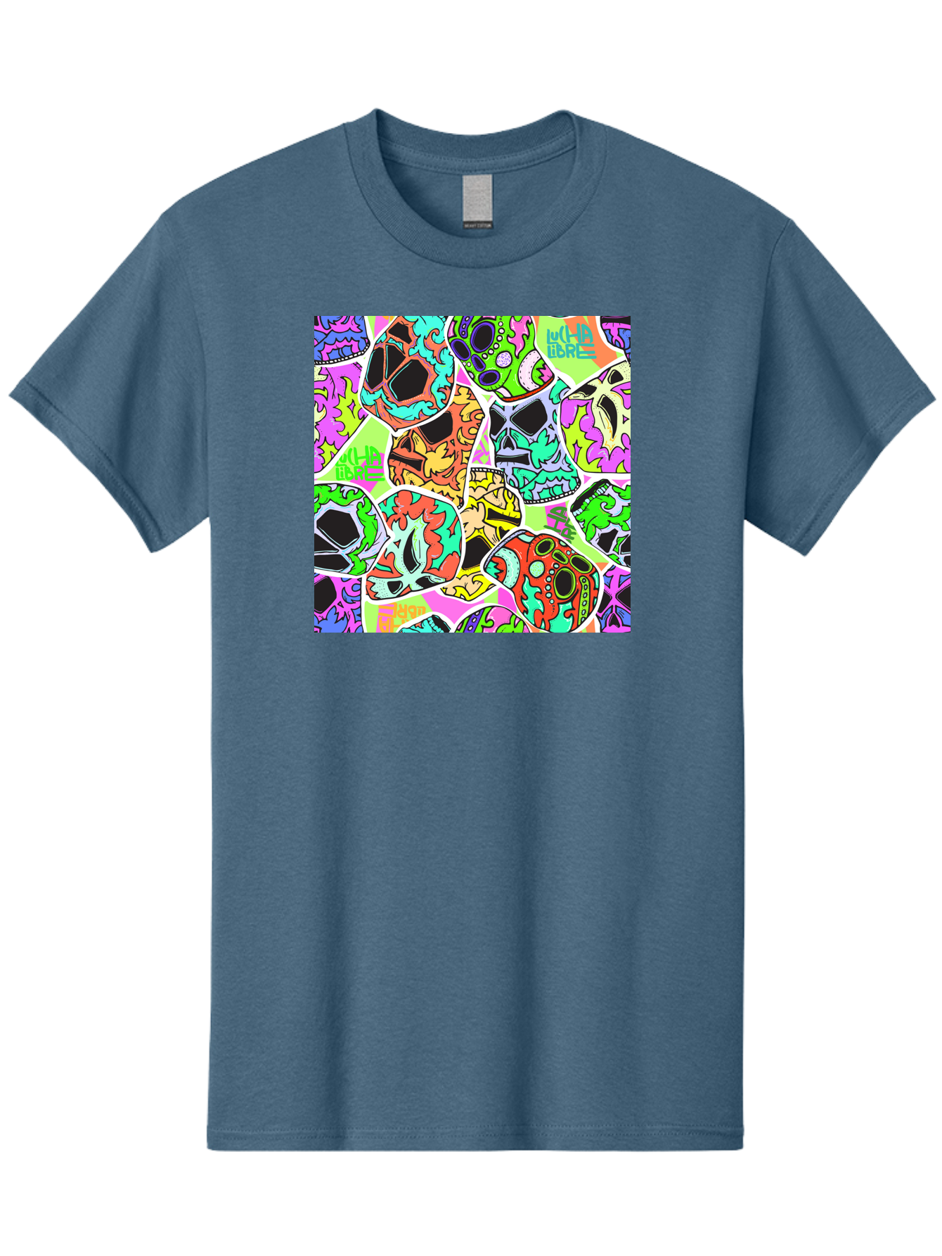 Lull-Em-Bars-Sugar-Skulls Men'S Graphic Tee, 100% Cotton, Comfortable Casual Summer Wear, Machine Washable, Psychedelic Skulls, Vibrant Colors, Floral Patterns, Abstract Designs, Colorful Artwork, Skull Art, Digital Illustration, Lull 'Em Bars Aac403