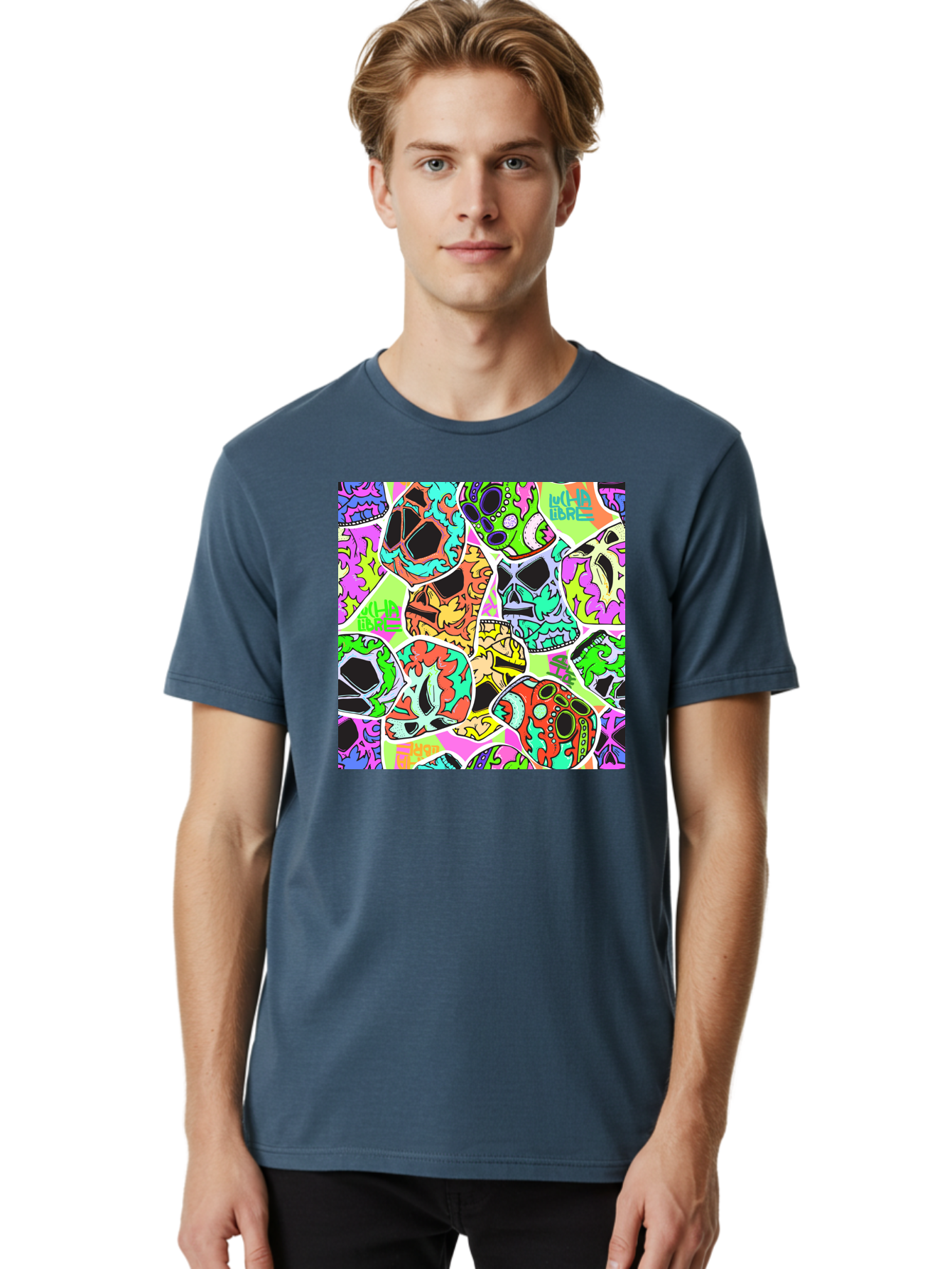 Lull-Em-Bars-Sugar-Skulls Men'S Graphic Tee, 100% Cotton, Comfortable Casual Summer Wear, Machine Washable, Psychedelic Skulls, Vibrant Colors, Floral Patterns, Abstract Designs, Colorful Artwork, Skull Art, Digital Illustration, Lull 'Em Bars Aac403