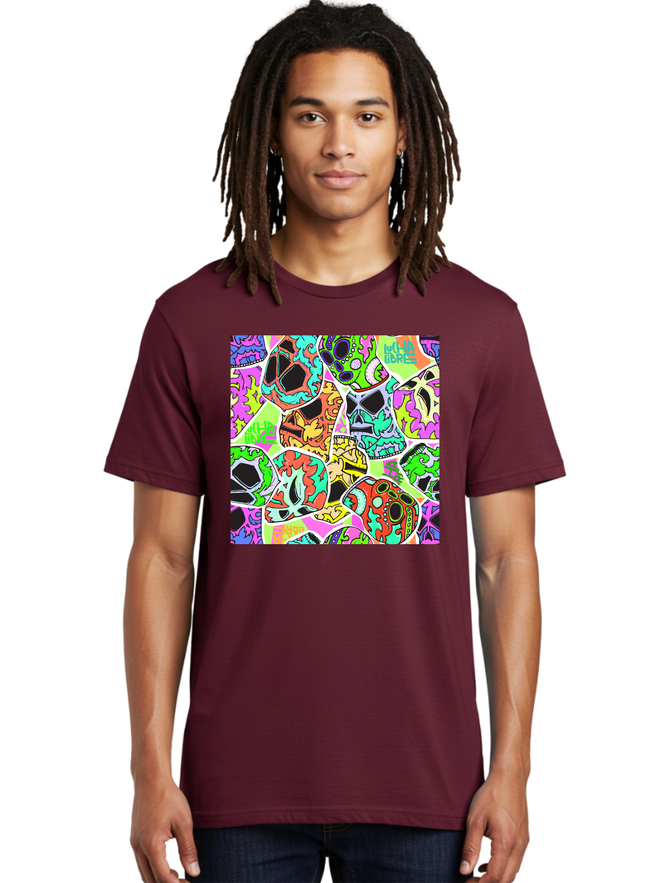 Lull-Em-Bars-Sugar-Skulls Men'S Graphic Tee, 100% Cotton, Comfortable Casual Summer Wear, Machine Washable, Psychedelic Skulls, Vibrant Colors, Floral Patterns, Abstract Designs, Colorful Artwork, Skull Art, Digital Illustration, Lull 'Em Bars Aac403