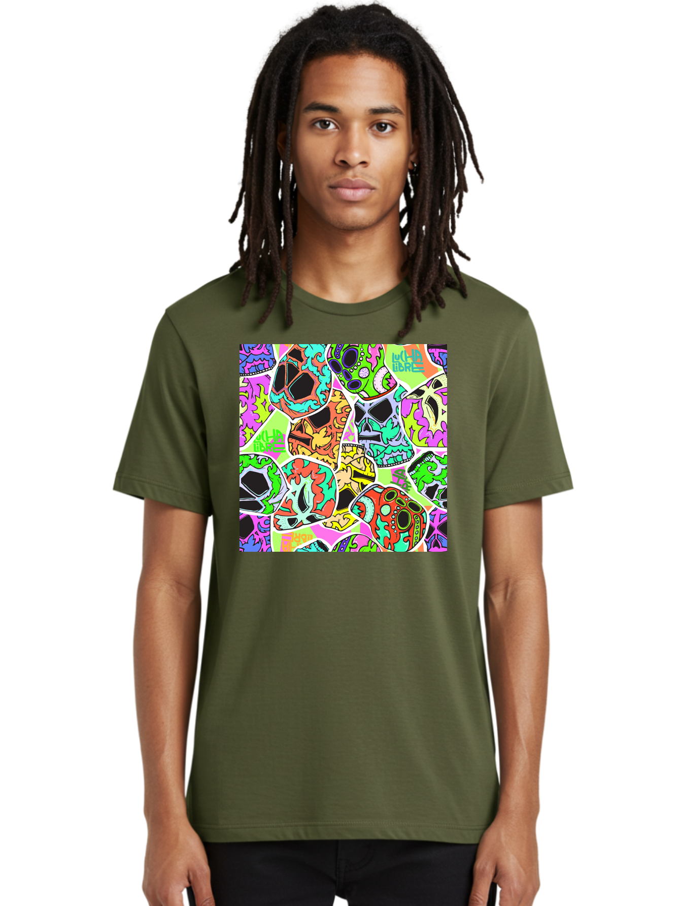 Lull-Em-Bars-Sugar-Skulls Men'S Graphic Tee, 100% Cotton, Comfortable Casual Summer Wear, Machine Washable, Psychedelic Skulls, Vibrant Colors, Floral Patterns, Abstract Designs, Colorful Artwork, Skull Art, Digital Illustration, Lull 'Em Bars Aac403