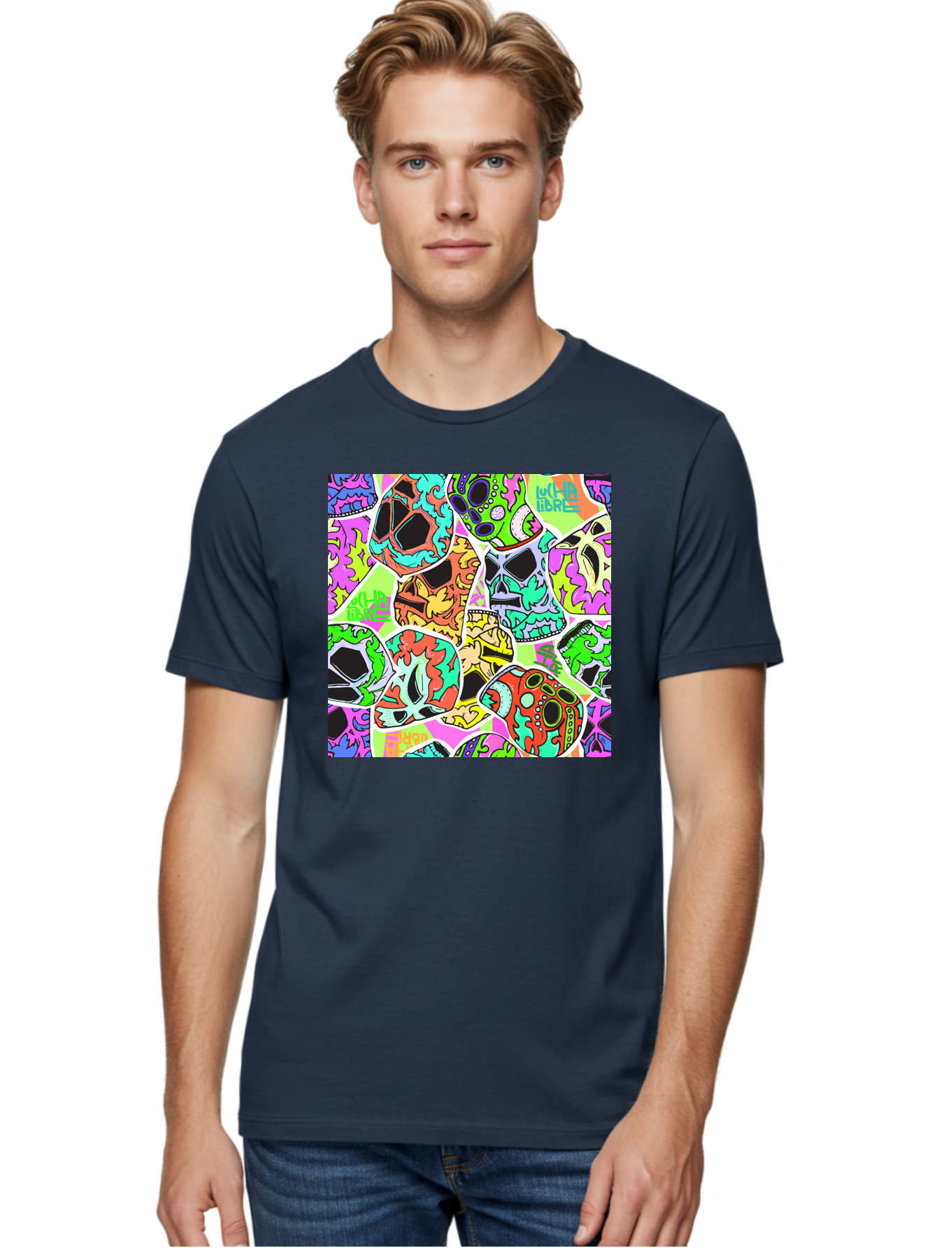 Lull-Em-Bars-Sugar-Skulls Men'S Graphic Tee, 100% Cotton, Comfortable Casual Summer Wear, Machine Washable, Psychedelic Skulls, Vibrant Colors, Floral Patterns, Abstract Designs, Colorful Artwork, Skull Art, Digital Illustration, Lull 'Em Bars Aac403
