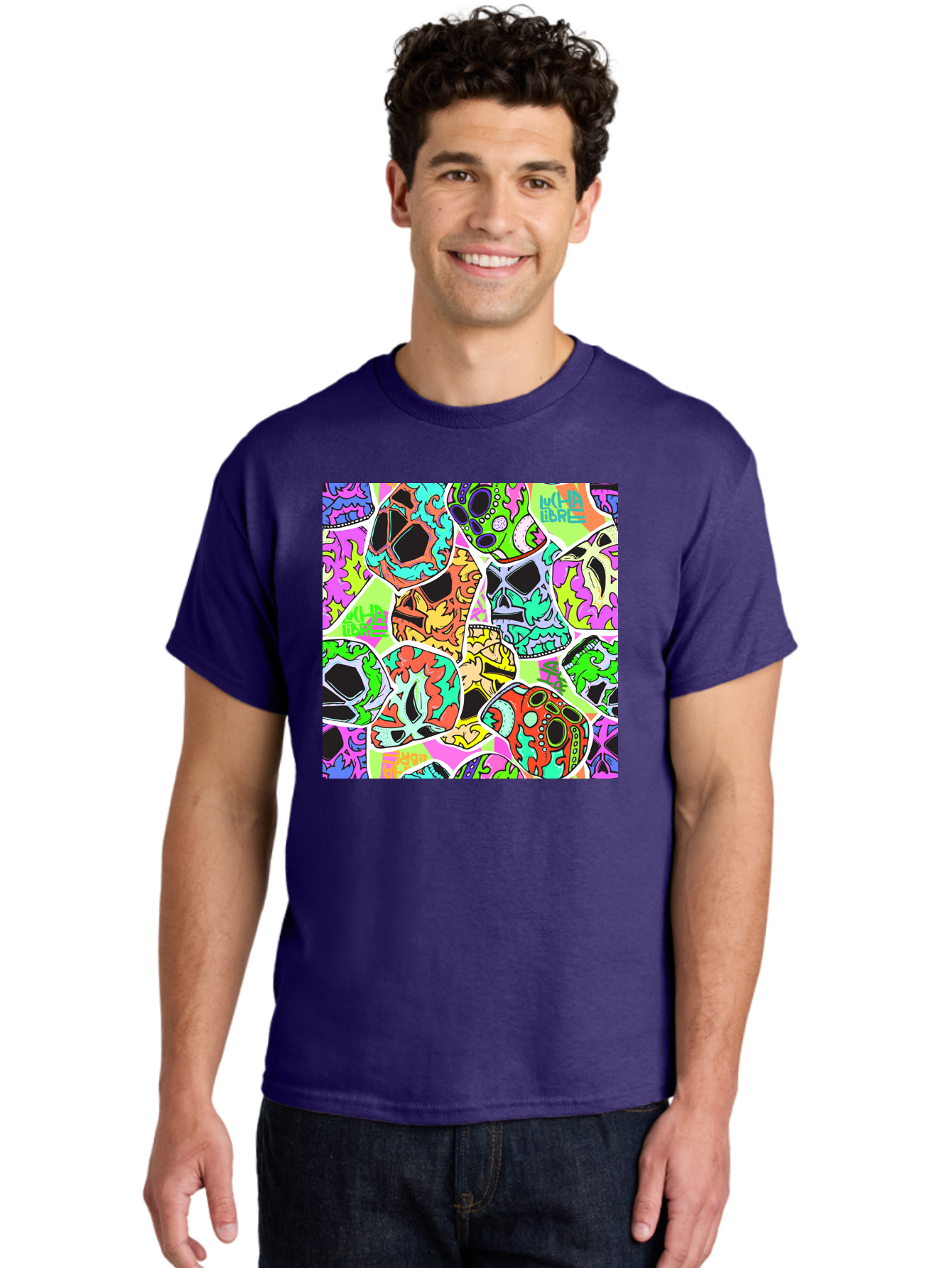 Lull-Em-Bars-Sugar-Skulls Men'S Graphic Tee, 100% Cotton, Comfortable Casual Summer Wear, Machine Washable, Psychedelic Skulls, Vibrant Colors, Floral Patterns, Abstract Designs, Colorful Artwork, Skull Art, Digital Illustration, Lull 'Em Bars Aac403