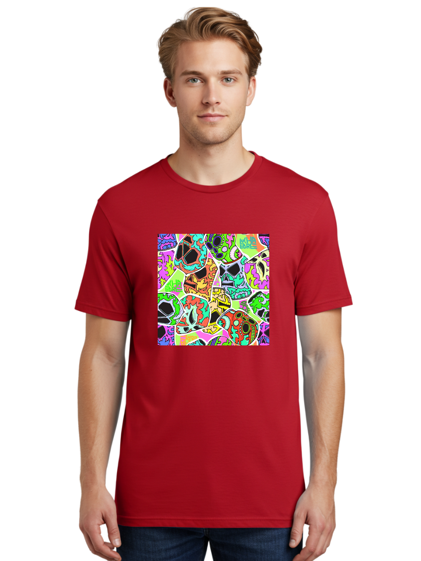 Lull-Em-Bars-Sugar-Skulls Men'S Graphic Tee, 100% Cotton, Comfortable Casual Summer Wear, Machine Washable, Psychedelic Skulls, Vibrant Colors, Floral Patterns, Abstract Designs, Colorful Artwork, Skull Art, Digital Illustration, Lull 'Em Bars Aac403