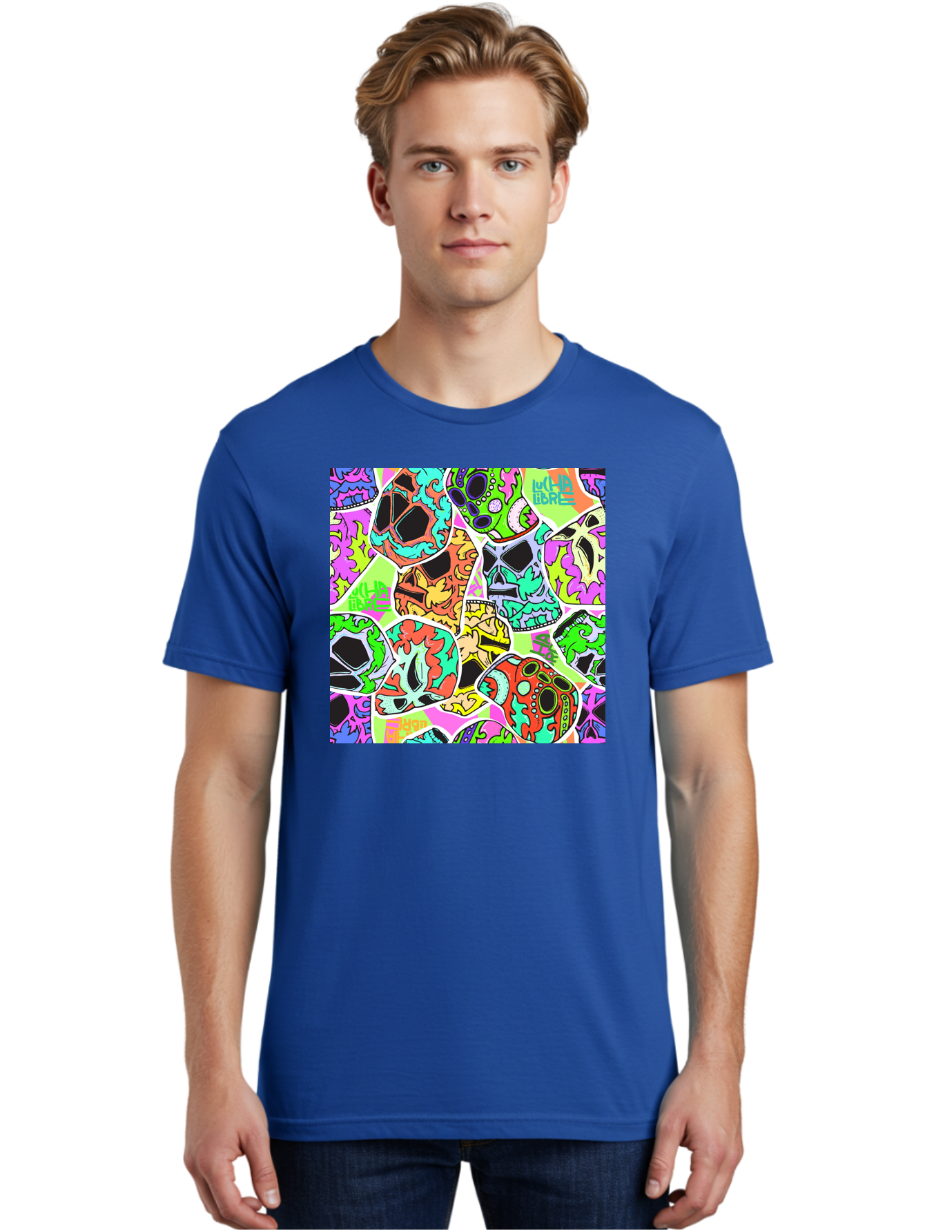 Lull-Em-Bars-Sugar-Skulls Men'S Graphic Tee, 100% Cotton, Comfortable Casual Summer Wear, Machine Washable, Psychedelic Skulls, Vibrant Colors, Floral Patterns, Abstract Designs, Colorful Artwork, Skull Art, Digital Illustration, Lull 'Em Bars Aac403