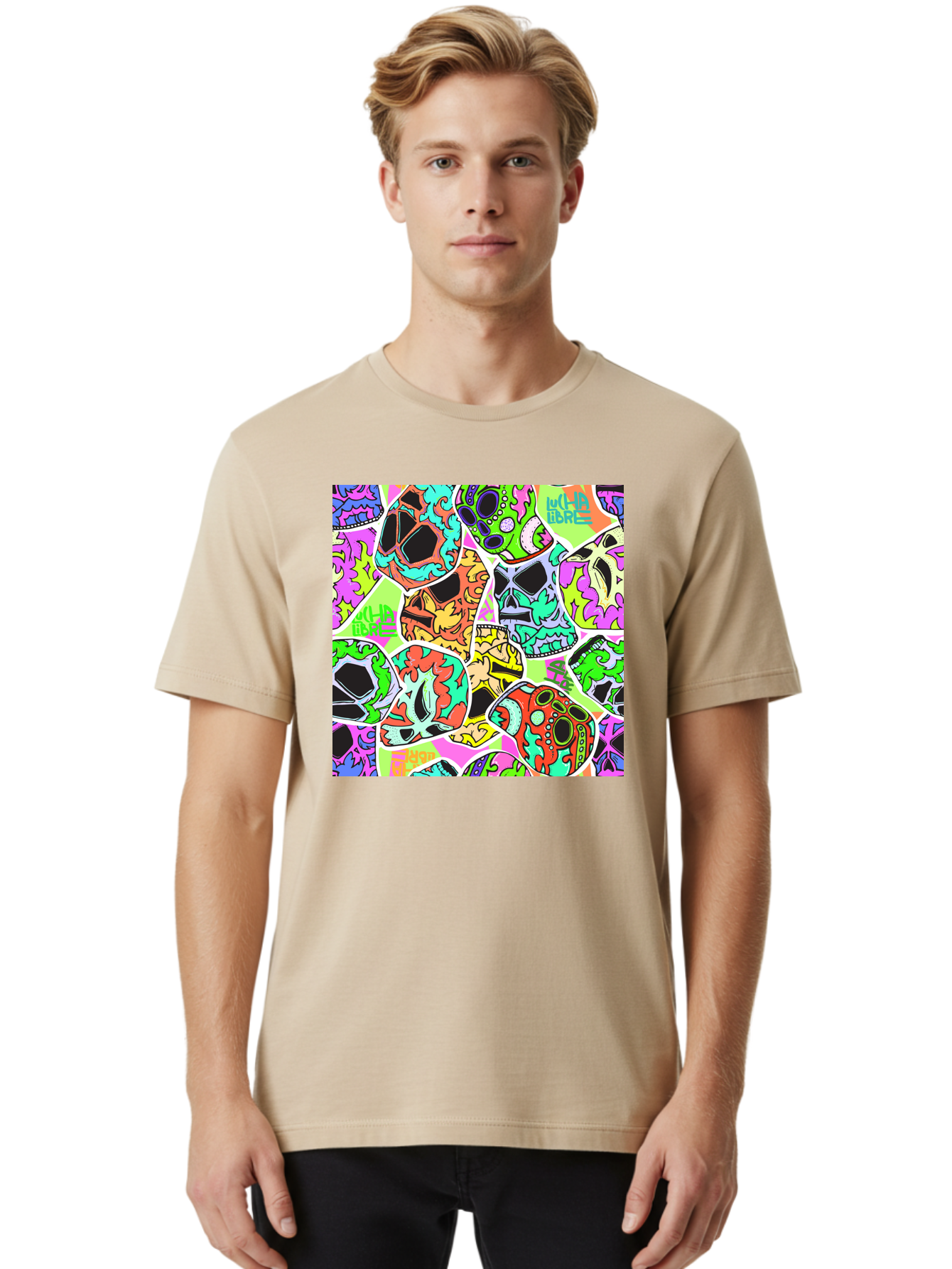 Lull-Em-Bars-Sugar-Skulls Men'S Graphic Tee, 100% Cotton, Comfortable Casual Summer Wear, Machine Washable, Psychedelic Skulls, Vibrant Colors, Floral Patterns, Abstract Designs, Colorful Artwork, Skull Art, Digital Illustration, Lull 'Em Bars Aac403