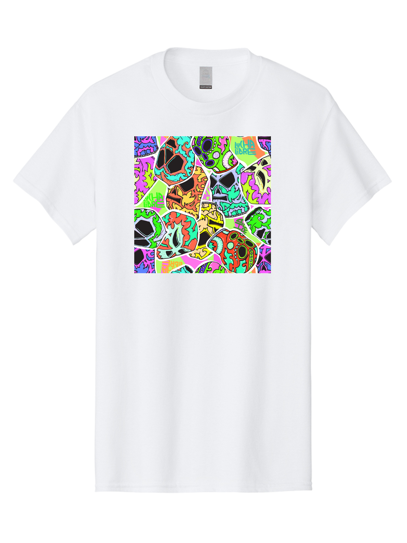 Lull-Em-Bars-Sugar-Skulls Men'S Graphic Tee, 100% Cotton, Comfortable Casual Summer Wear, Machine Washable, Psychedelic Skulls, Vibrant Colors, Floral Patterns, Abstract Designs, Colorful Artwork, Skull Art, Digital Illustration, Lull 'Em Bars Aac403
