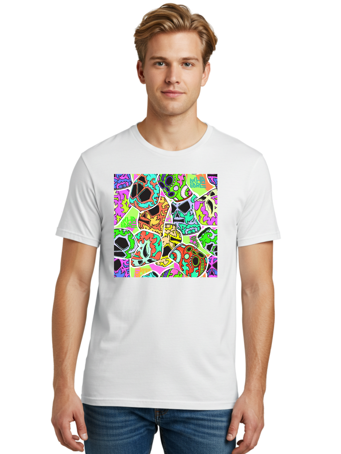 Lull-Em-Bars-Sugar-Skulls Men'S Graphic Tee, 100% Cotton, Comfortable Casual Summer Wear, Machine Washable, Psychedelic Skulls, Vibrant Colors, Floral Patterns, Abstract Designs, Colorful Artwork, Skull Art, Digital Illustration, Lull 'Em Bars Aac403