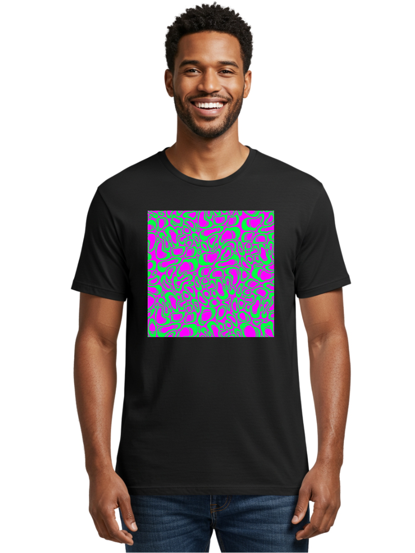 Magenta-And-Green-Pattern Men'S Graphic Tee, 100% Cotton, Comfortable Casual Summer Wear, Machine Washable, Leopard Print Pattern, Animal Print Design, Vibrant Colors, Bold Fashion Statement, Abstract Texture, Colorful Graphic Aac404